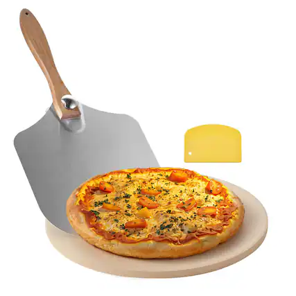 Front. VEVOR - Pizza Stone, 15in Round Pizza Stone, 0.67 in Large Cordierite Baking-Stone, Scrape, 1450℉ Heat-Resistant Cooking Stones - Beige.