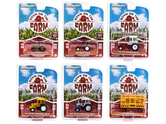 GREENLIGHT ON DOWN THE FARM SERIES - SERIES 7
1943 FORD 2N TRACTOR - U.S. ARMY
1946 FORD 2N TRACTOR
1974 2270 TRACTOR CLOSED CAB
1983 FORD 6610 TIGER SPECIAL TRACTOR
1983 FORD 7610 SILVER JUBILEE TRACTOR
BALE THROW WAGON