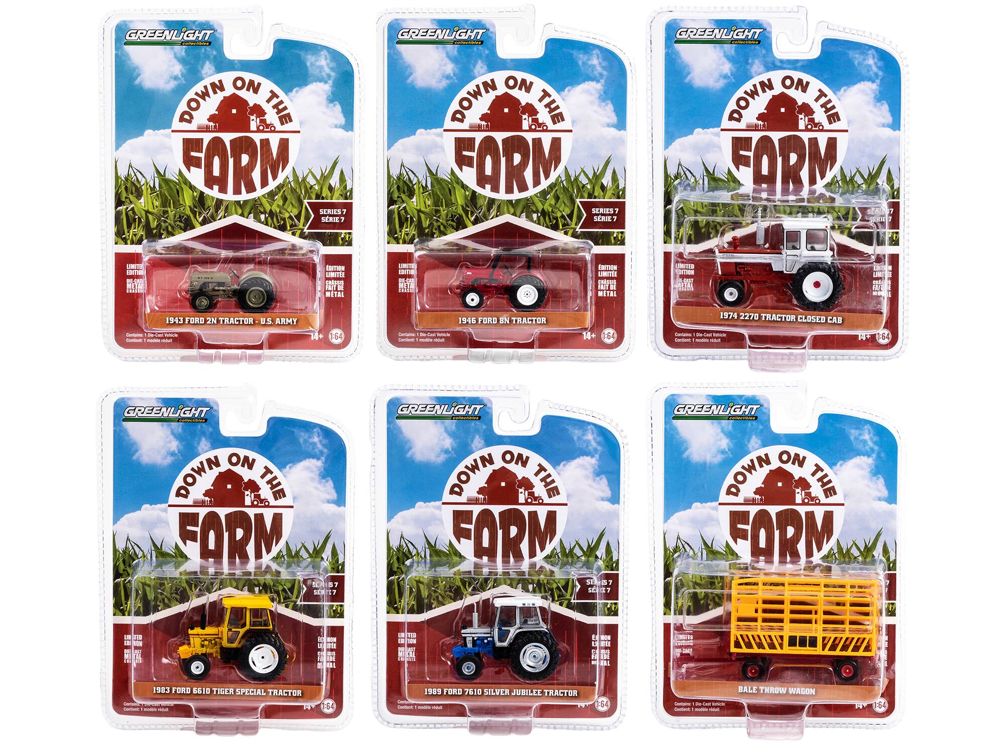 GREENLIGHT ON DOWN THE FARM SERIES - SERIES 7  
1943 FORD 2N TRACTOR - U.S. ARMY  
1946 FORD 2N TRACTOR  
1974 2270 TRACTOR CLOSED CAB  
1983 FORD 6610 TIGER SPECIAL TRACTOR  
1983 FORD 7610 SILVER JUBILEE TRACTOR  
BALE THROW WAGON