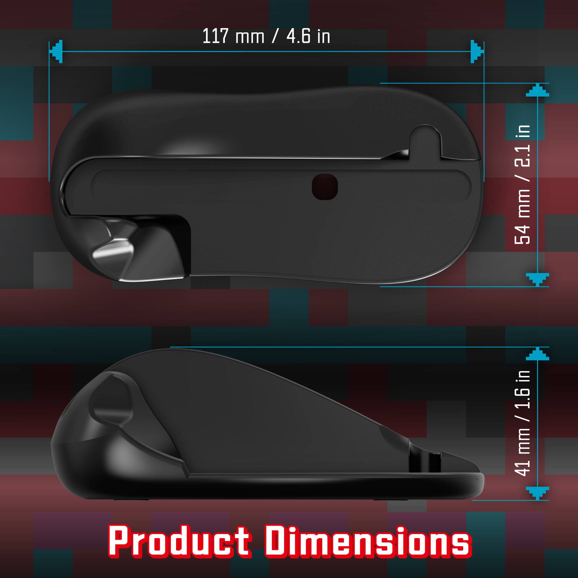 The corrected text is:

117 mm / 4.6 in  
4.6 mm  
54 mm / 2.1 in  
1.6 mm  
41 mm / 1.6 in  

Product Dimensions