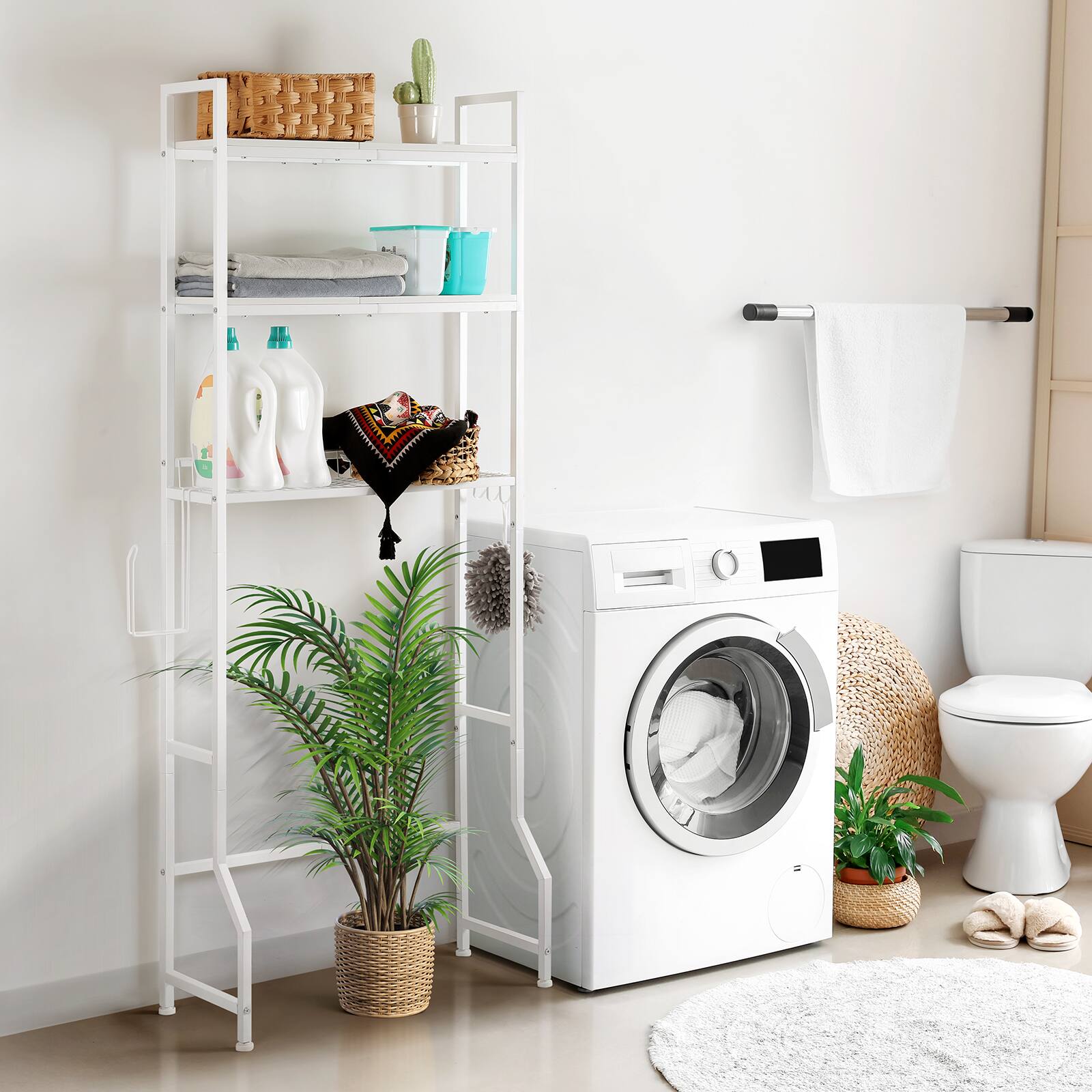 Alt View 2. Oumilen - Over-the-Toilet Storage Shelf with 3-Tier Design & Hooks, White - White.