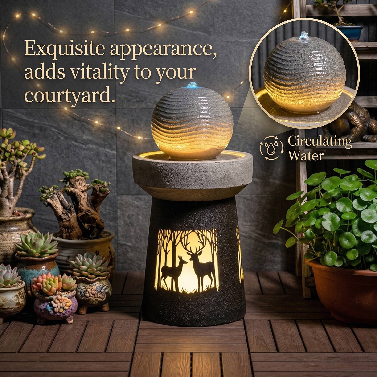 Exquisite appearance, adds vitality to your courtyard.  
Circulating Water