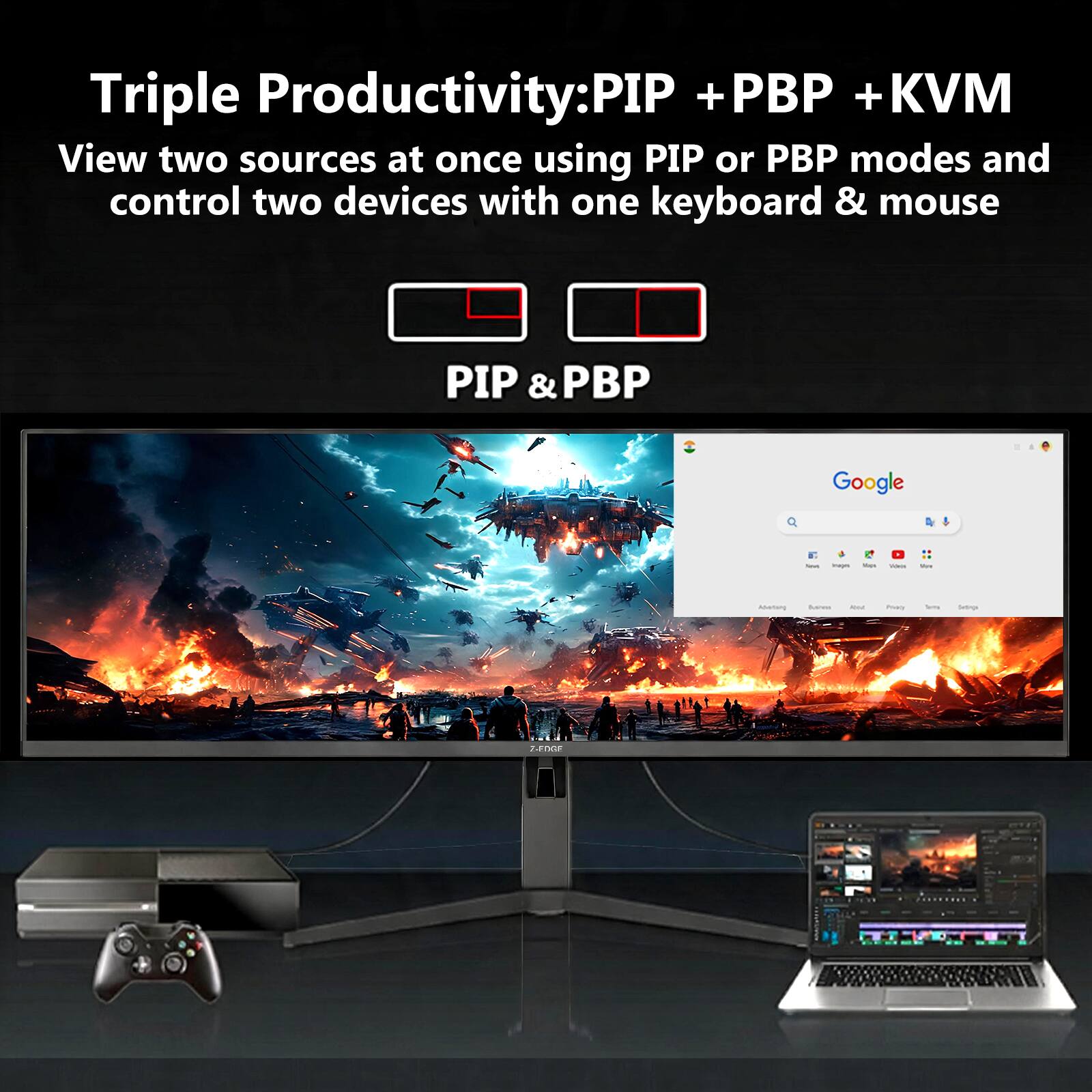 Triple Productivity: PIP + PBP + KVM

View two sources at once using PIP or PBP modes and control two devices with one keyboard & mouse

PIP & PBP