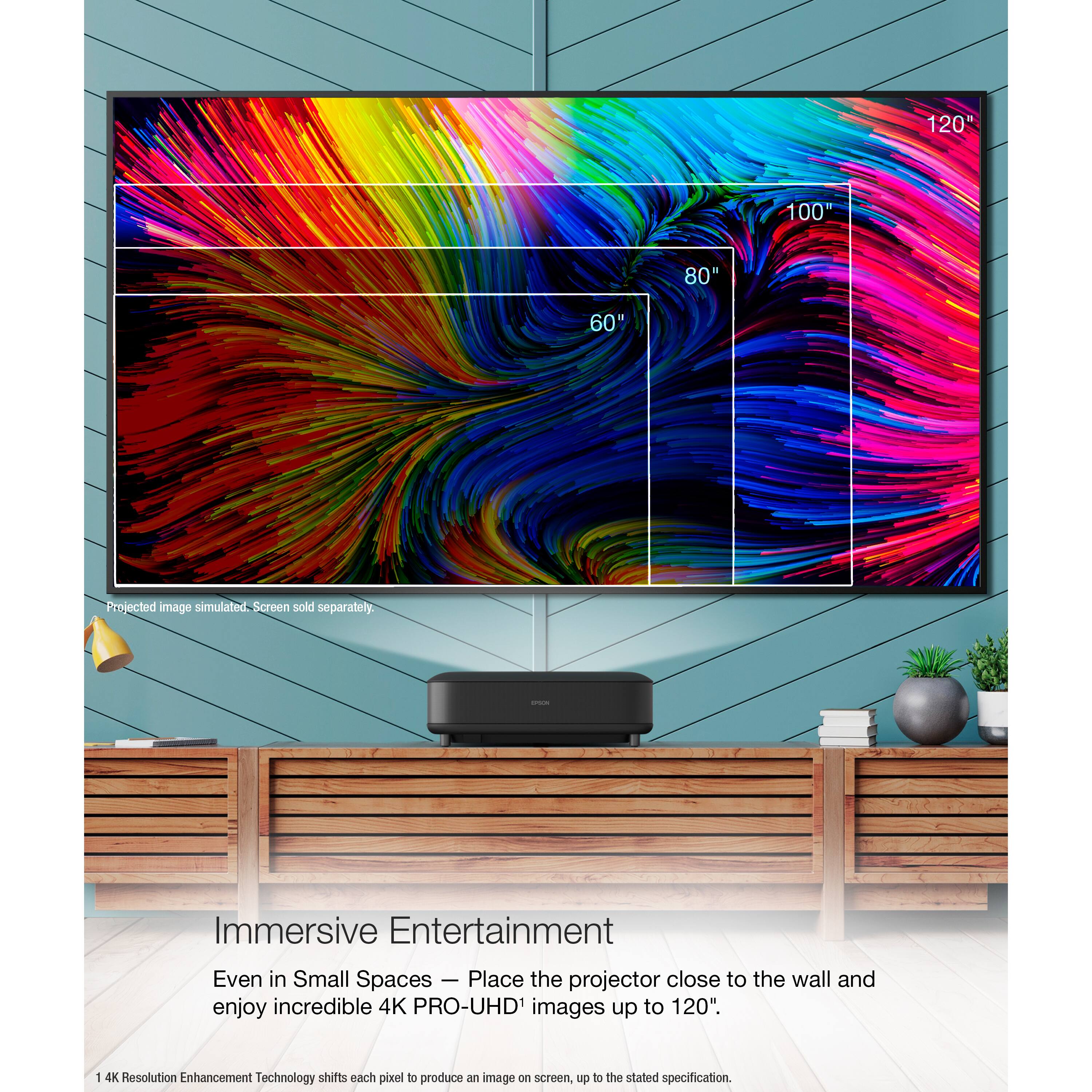 The text on the image reads: "120" 100" 80" 60" Projected image simulated. Screen sold separately. - Immersive Entertainment Even in Small Spaces - Place the projector close to the wall and enjoy incredible 4K PRO-UHD' images up to 120". 1 4K Resolution Enhancement Technology shifts each pixel of produce an image on screen, up to the stated specification."