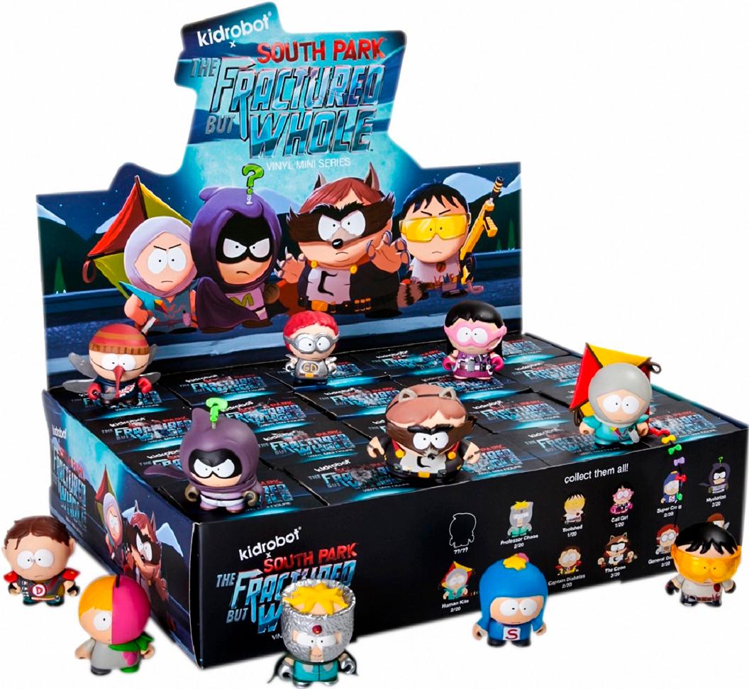Kid Robot & The Fractured But Whole Blind Box Mini Vinyl Figure & South Park Buildable Scene Toolshed & Human Kite Mini Sets Bundle 5nights 