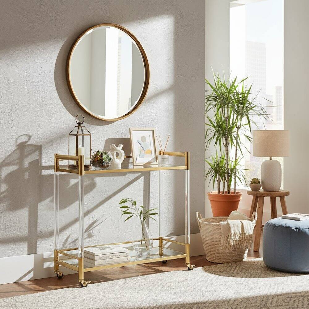 Alt View 2. FurniFact - Bar Cart with 2 Tiers of Glass, Acrylic Legs, Locking Casters in Gold Chrome - Gold.