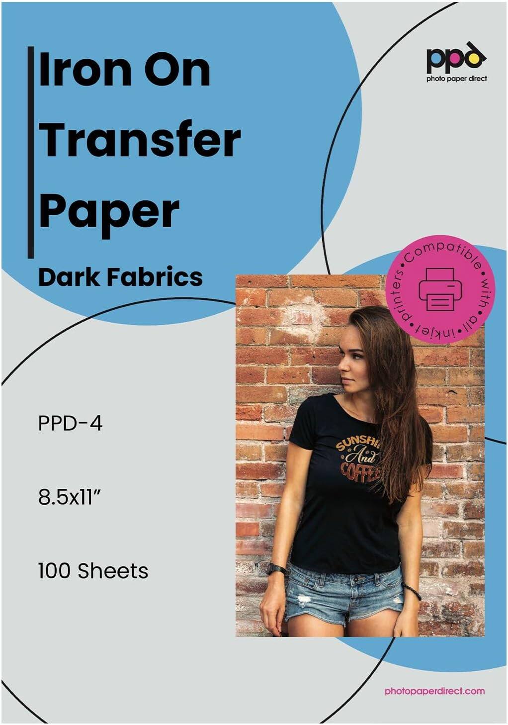 Iron On Transfer Paper Dark Fabrics PPD-4 8.5x11" 100 Sheets. Compatible with inkjet printers. photopaperdirect.com