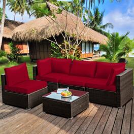 Gymax - 5PCS Rattan Patio Conversation Set Sofa Furniture Set w/ Red Cushions - Mix brown