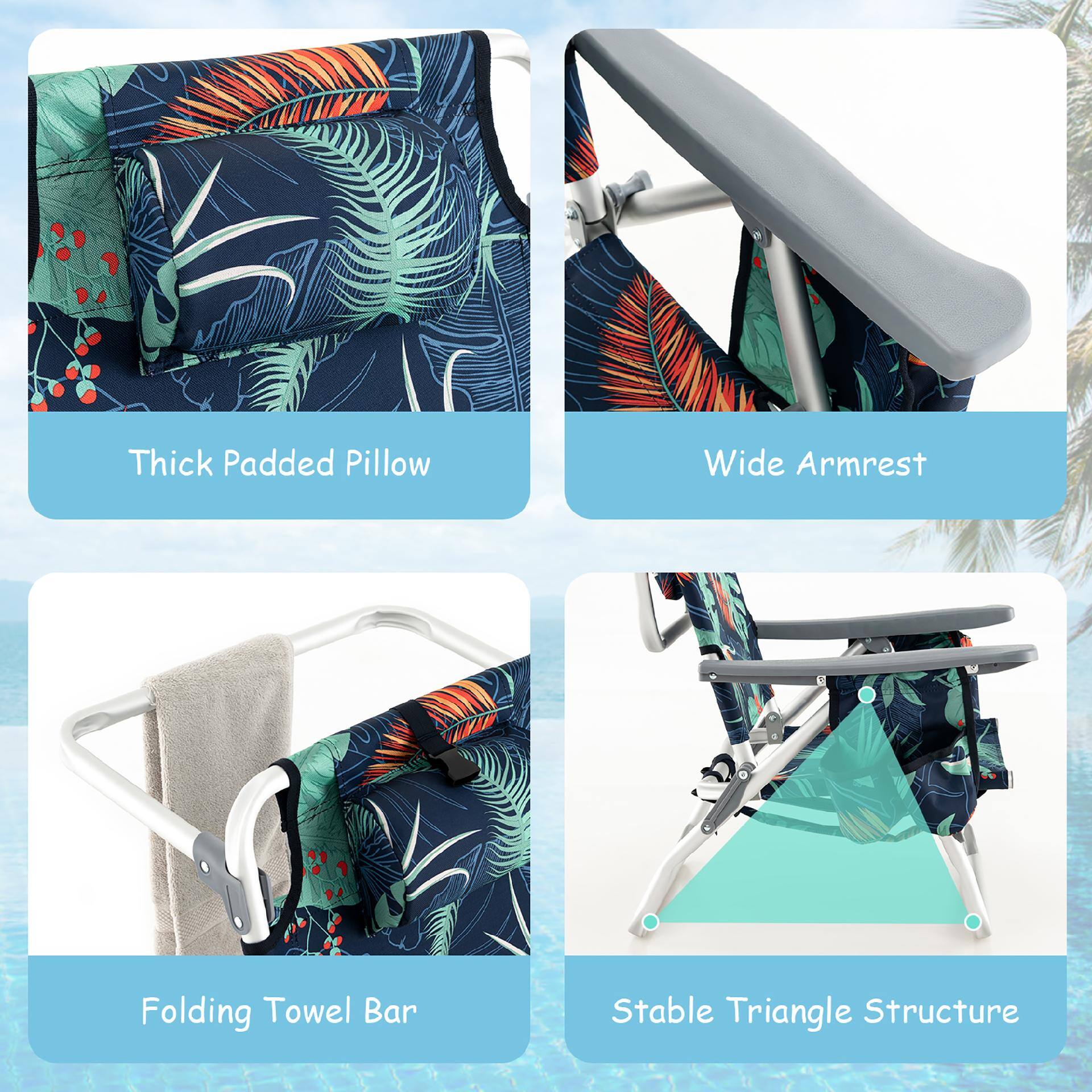 Thick Padded Pillow  
Wide Armrest  
Folding Towel Bar  
Stable Triangle Structure