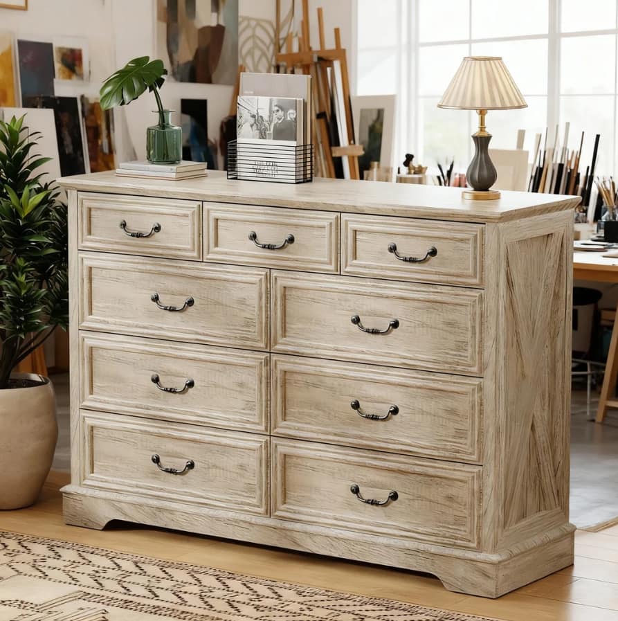 Dyonery - 9 Drawer Dresser for Bedroom, 52" Wide Rustic Wood Chest of Drawers with Large Storage and Metal Handles - OAK