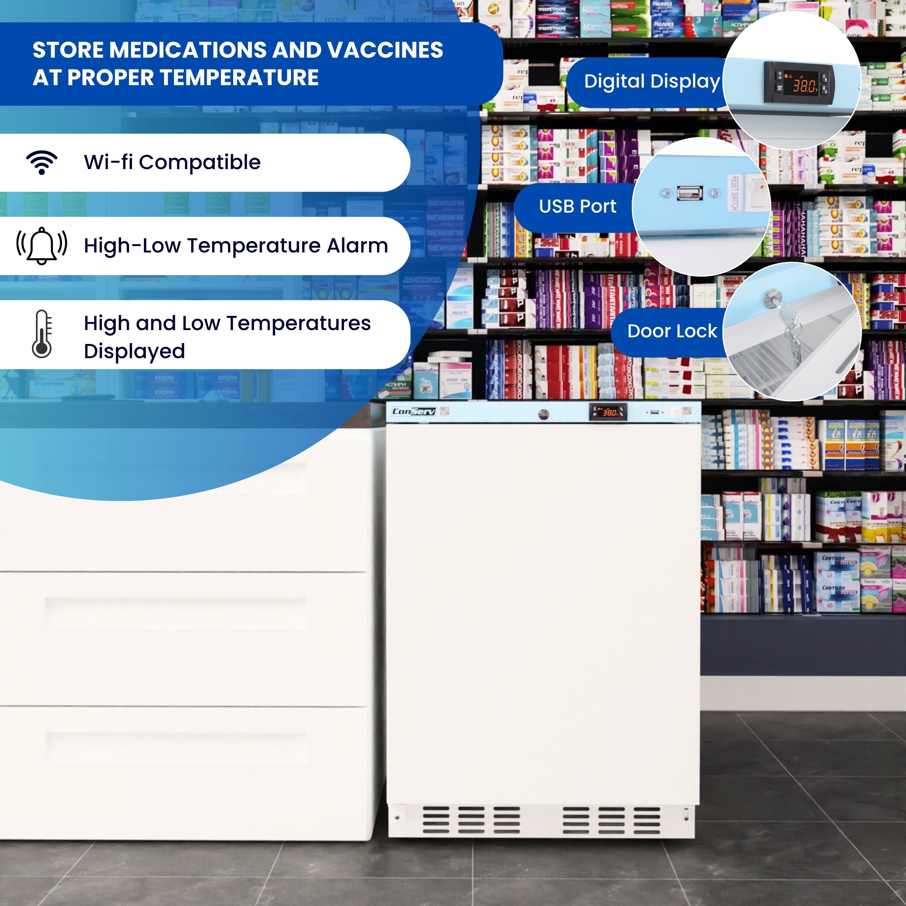 STORE MEDICATIONS AND VACCINES AT PROPER TEMPERATURE

- Wi-fi Compatible
- High-Low Temperature Alarm
- High and Low Temperatures Displayed
- Digital Display
- USB Port
- Door Lock