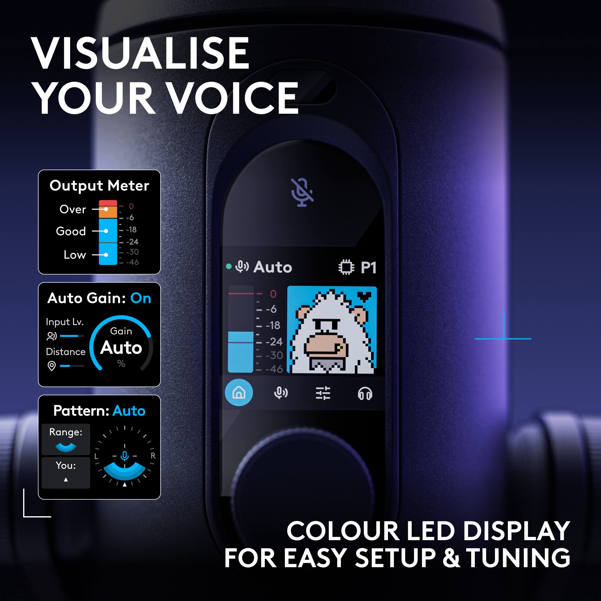 VISUALISE YOUR VOICE

Output Meter
Over -0
Good -6
Low -18 -24 -30 -46

Auto Gain: On
Input Lv. Gain Distance Auto %

Pattern: Auto
Range:
You: R

COLOUR LED DISPLAY FOR EASY SETUP & TUNING