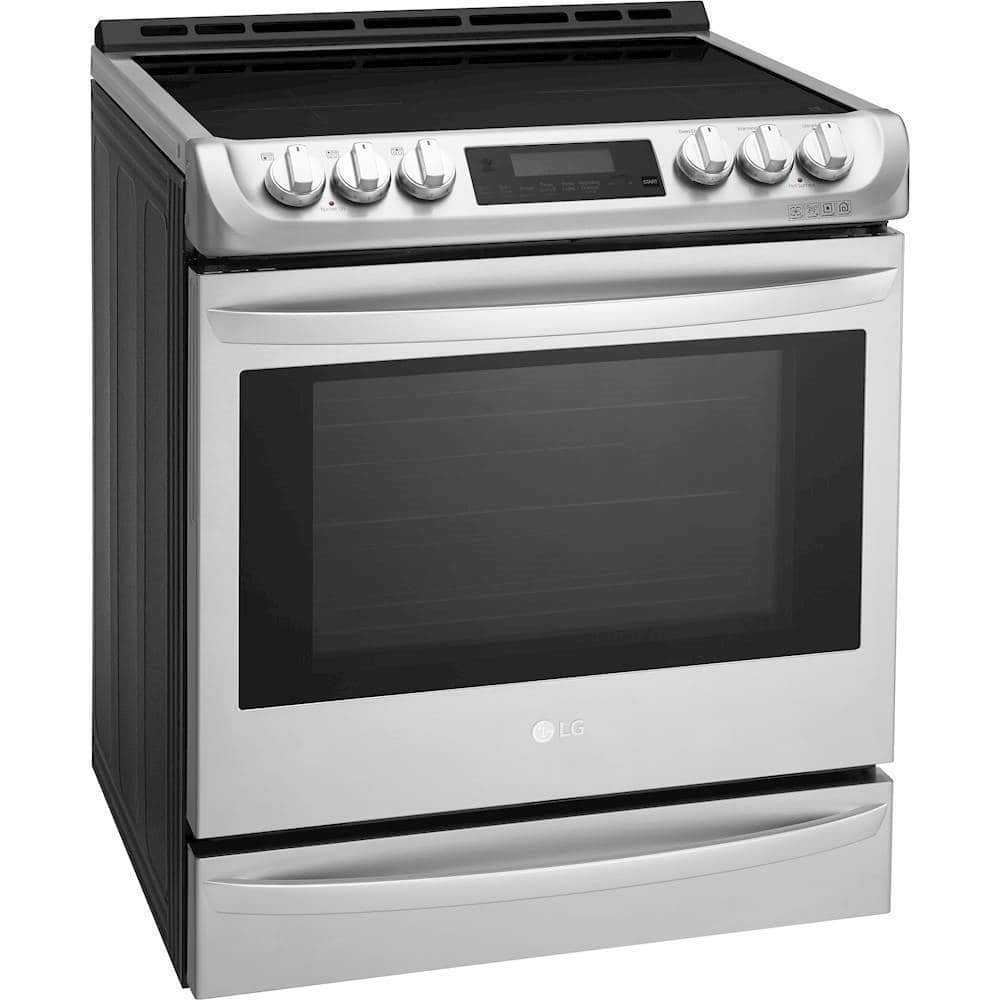 Angle. LG - 6.3 Cu. Ft. Slide-In Electric Induction True Convection Range with EasyClean Range with ThinQ Technology - Stainless Steel.