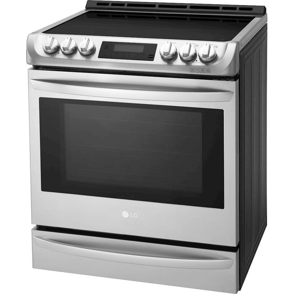 Left. LG - 6.3 Cu. Ft. Slide-In Electric Induction True Convection Range with EasyClean Range with ThinQ Technology - Stainless Steel.