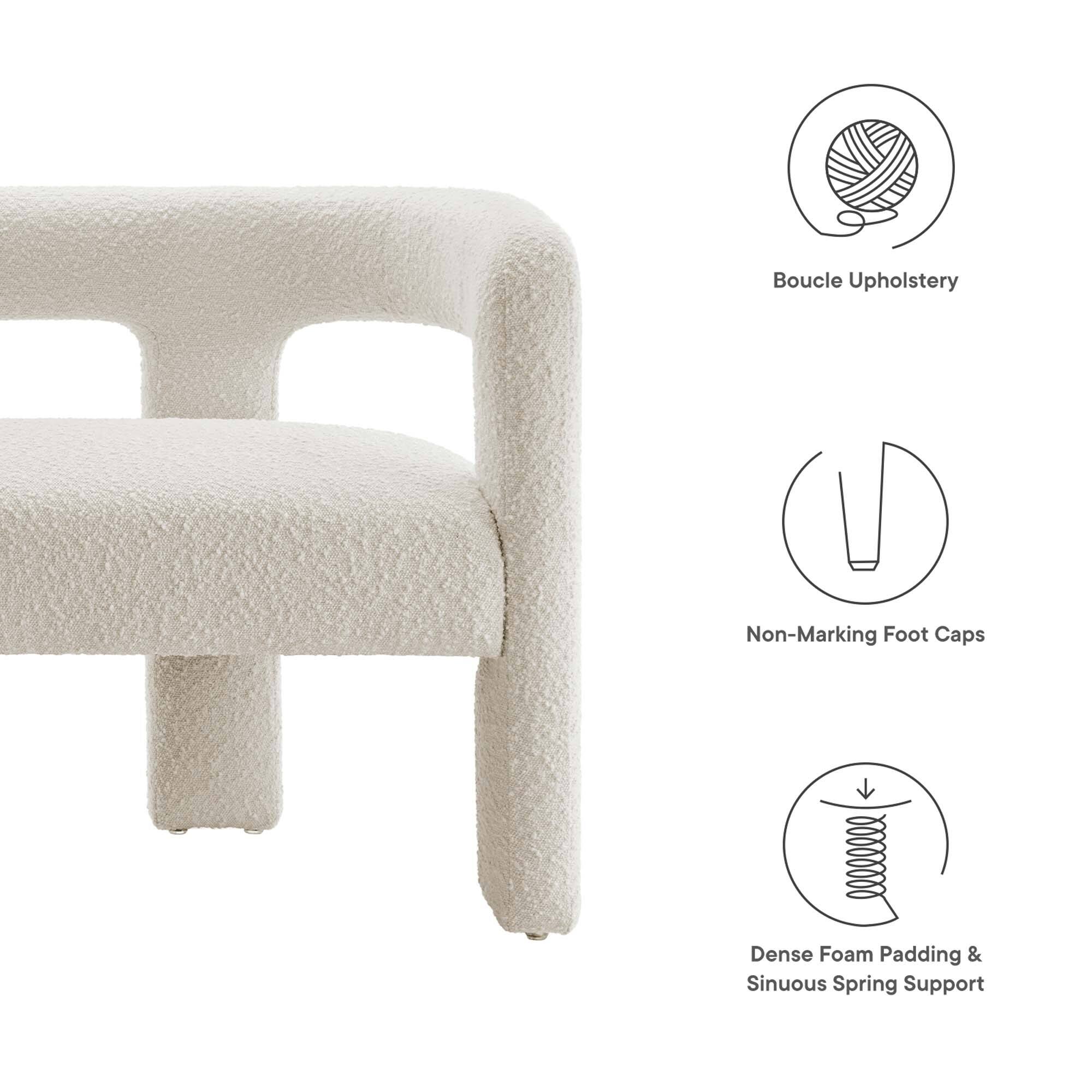 - Boucle Upholstery
- Non-Marking Foot Caps
- Dense Foam Padding & Sinuous Spring Support