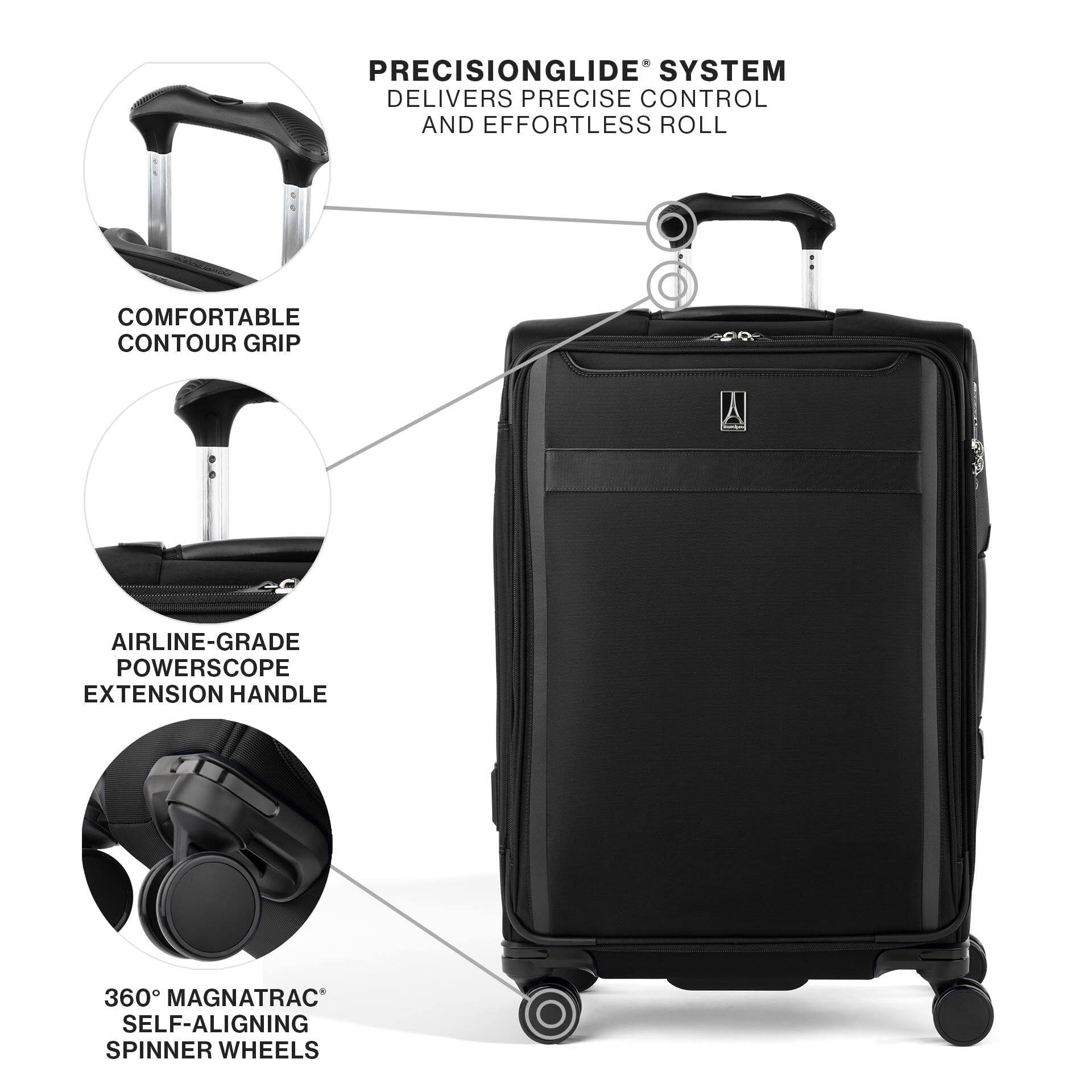 PRECISIONGLIDE® SYSTEM DELIVERS PRECISE CONTROL AND EFFORTLESS ROLL  
COMFORTABLE CONTOUR GRIP  
AIRLINE-GRADE POWERSCOPE EXTENSION HANDLE  
360° MAGNATRAC® SELF-ALIGNING SPINNER WHEELS
