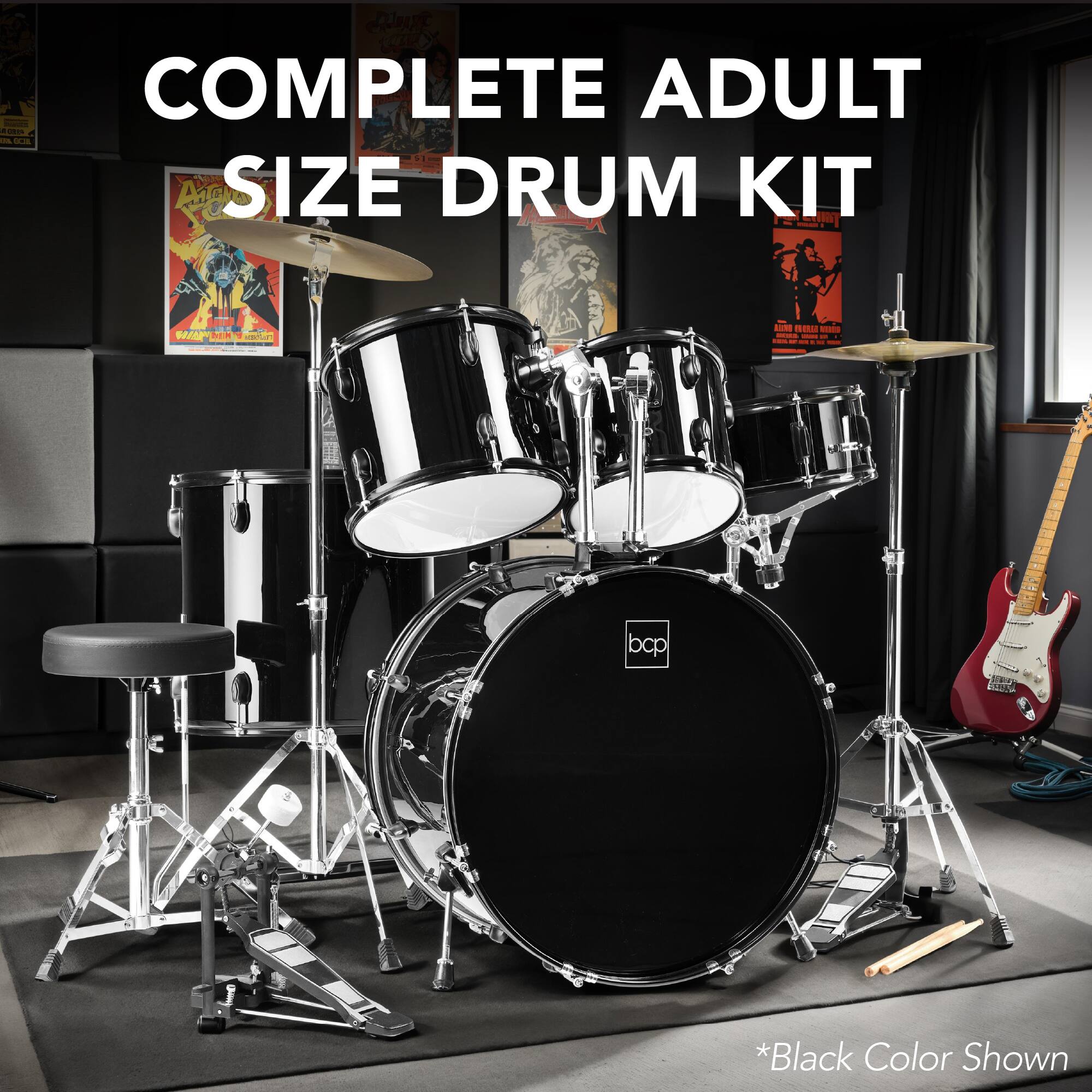 The corrected text is:

"COMPLETE ADULT SIZE DRUM KIT - *Black Color Shown"