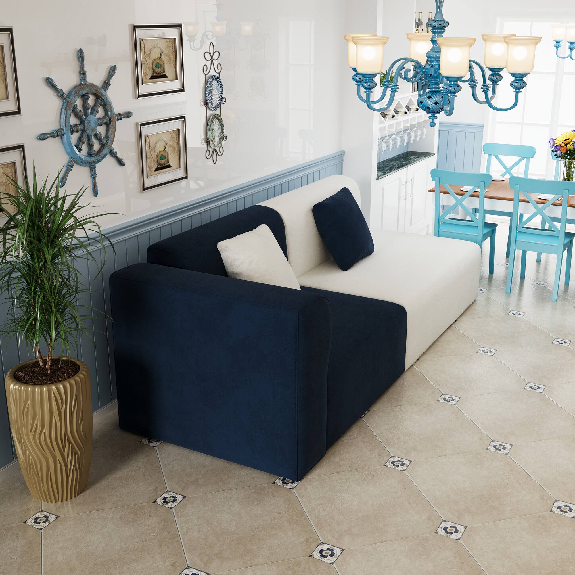 Back. luck idea - 77.55" Modern Two-Tone Fabric Sofa Couch with Solid Wood Frame, Foam Cushions & 2 Throw Pillows, Living Room Sofa - Dark blue+Off-white.