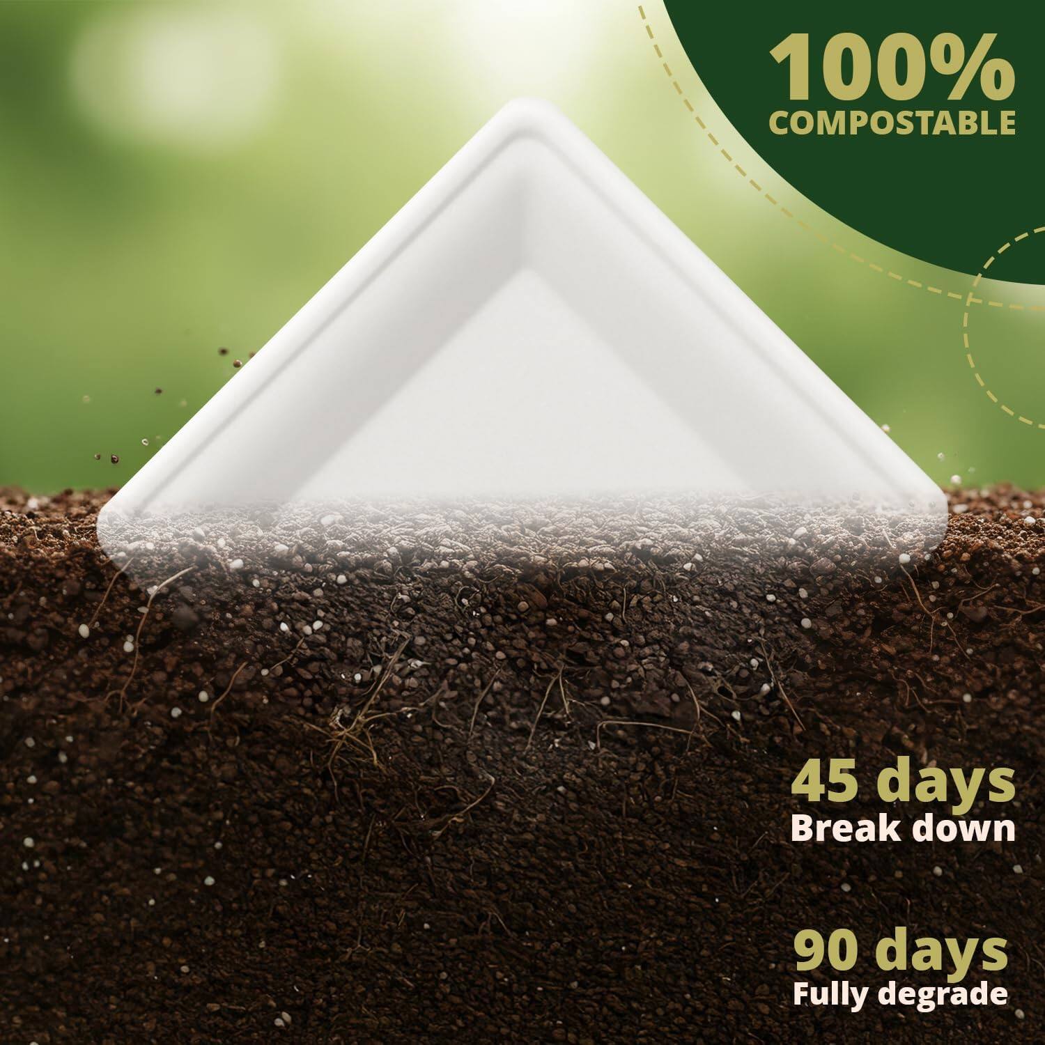 100% COMPOSTABLE  
45 days Break down  
90 days Fully degrade