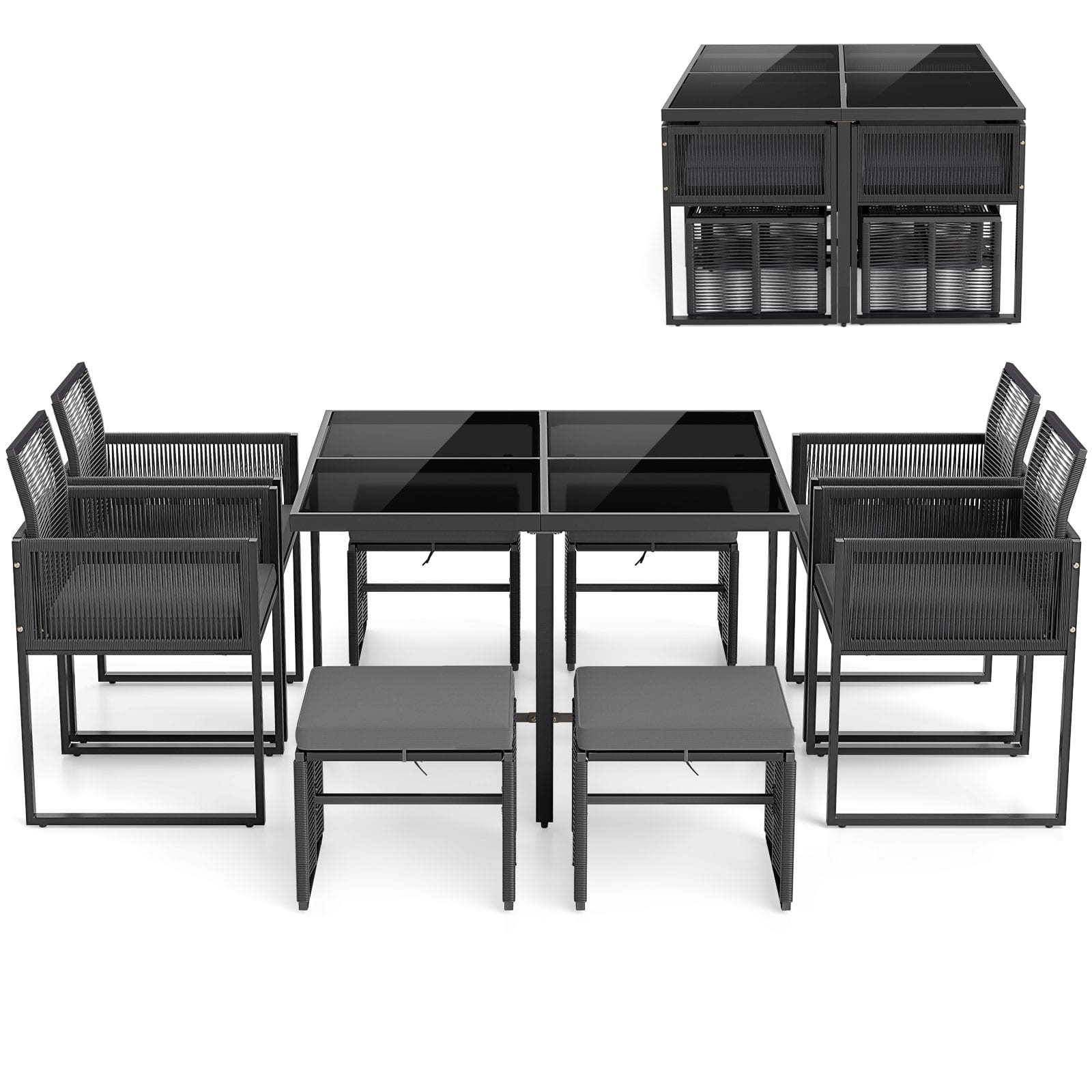 Gymax - Set Of 9 Patio Dining Set w/ PE Rattan Chairs Tempered Glass Table & Ottomans - Black/Gray price history on PriceWatchPro