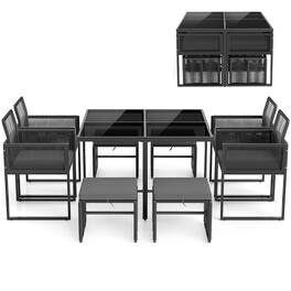 Gymax - Set Of 9 Patio Dining Set w/ PE Rattan Chairs Tempered Glass Table & Ottomans - Black/Gray