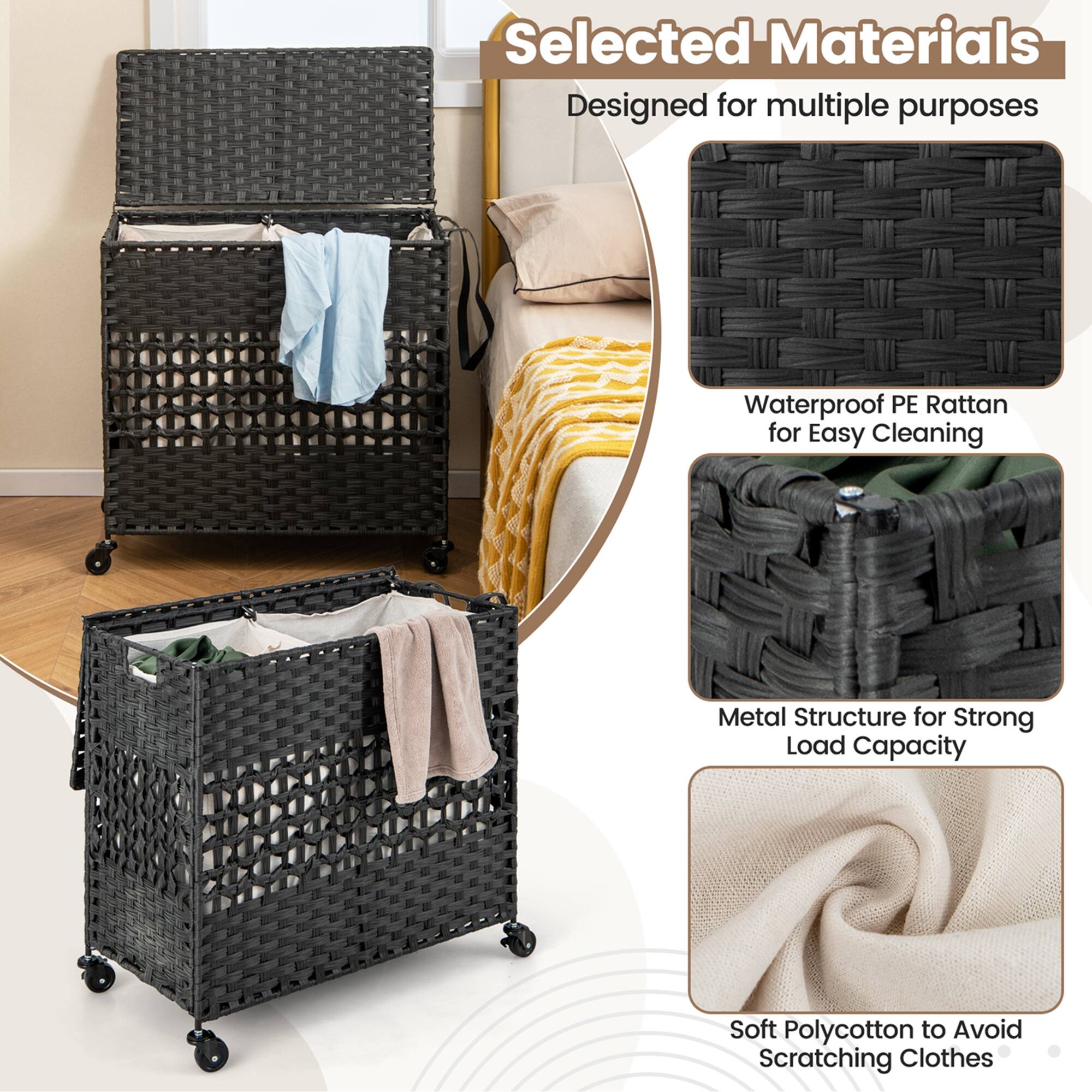Selected Materials Designed for multiple purposes: Waterproof PE Rattan for Easy Cleaning, Metal Structure for Strong Load Capacity, Soft Polycotton to Avoid Scratching Clothes.