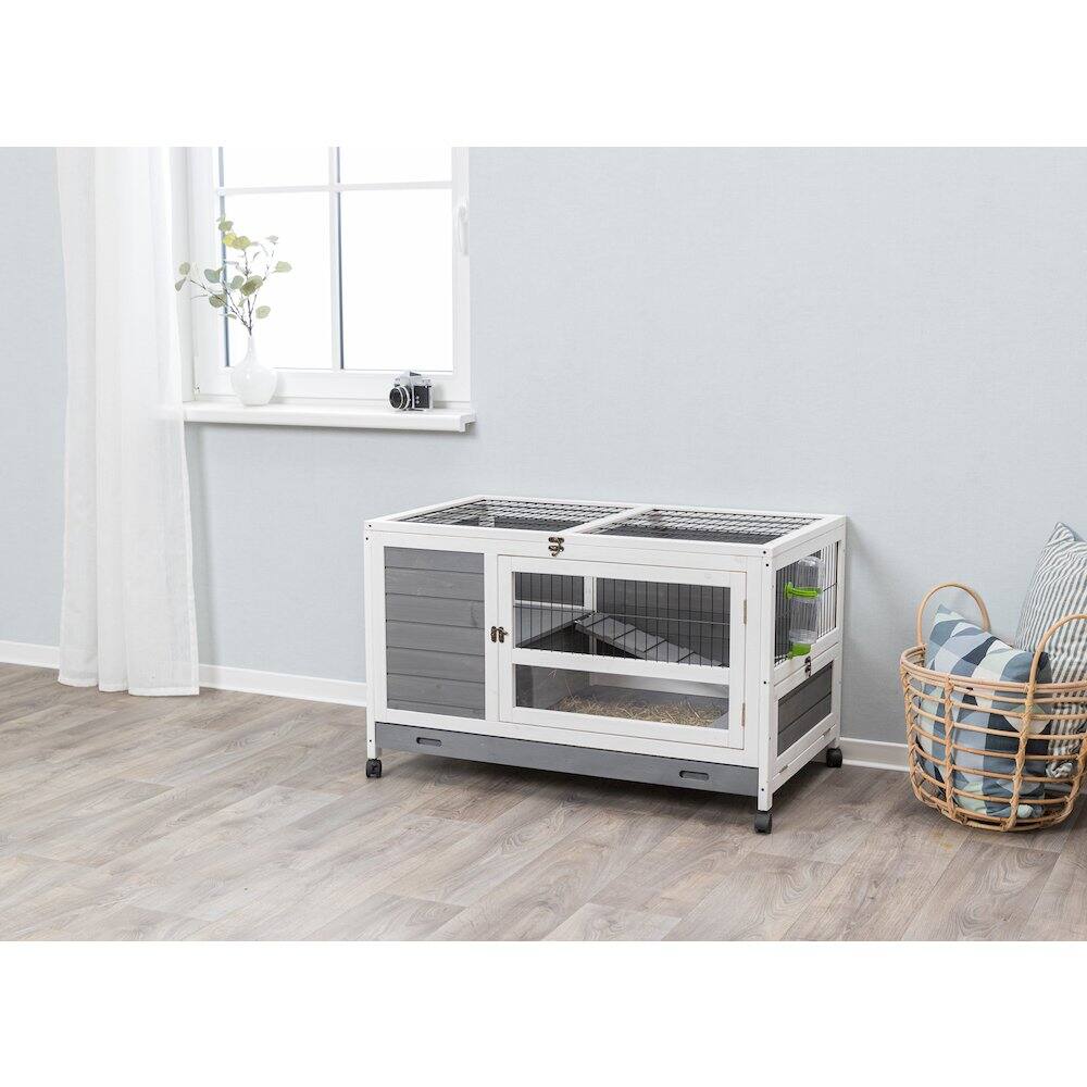 Angle. TRIXIE - Mobile Indoor 1-Story Wooden Animal Cage with Wheels & Pull-Out Tray - Gray.