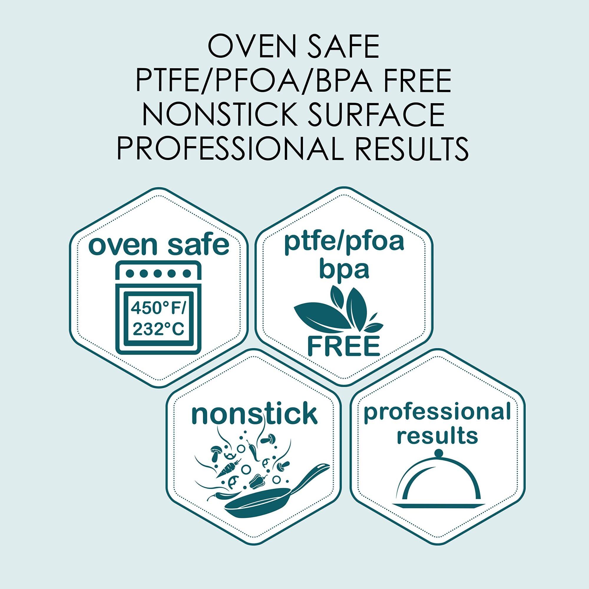 OVEN SAFE PTFE/PFOA/BPA FREE NONSTICK SURFACE PROFESSIONAL RESULTS

oven safe 450°F / 232°C

ptfe/pfoa bpa FREE

nonstick

professional results