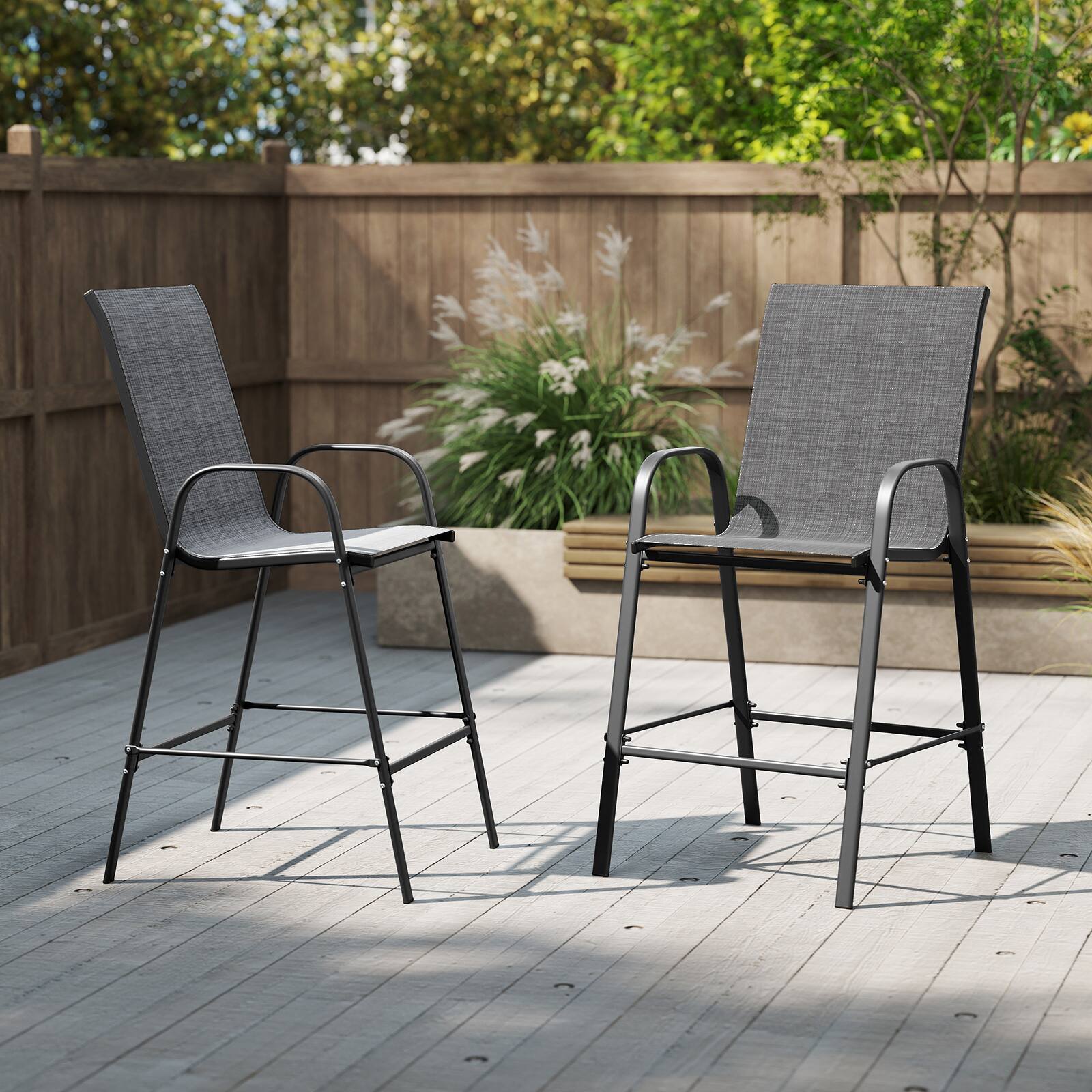 Alt View 8. Gymax - Gymax 4PCS Outdoor Bar Stools 29'' Fabric Bar Height Stools w/ Armrests & Footrest Gray - Gray.