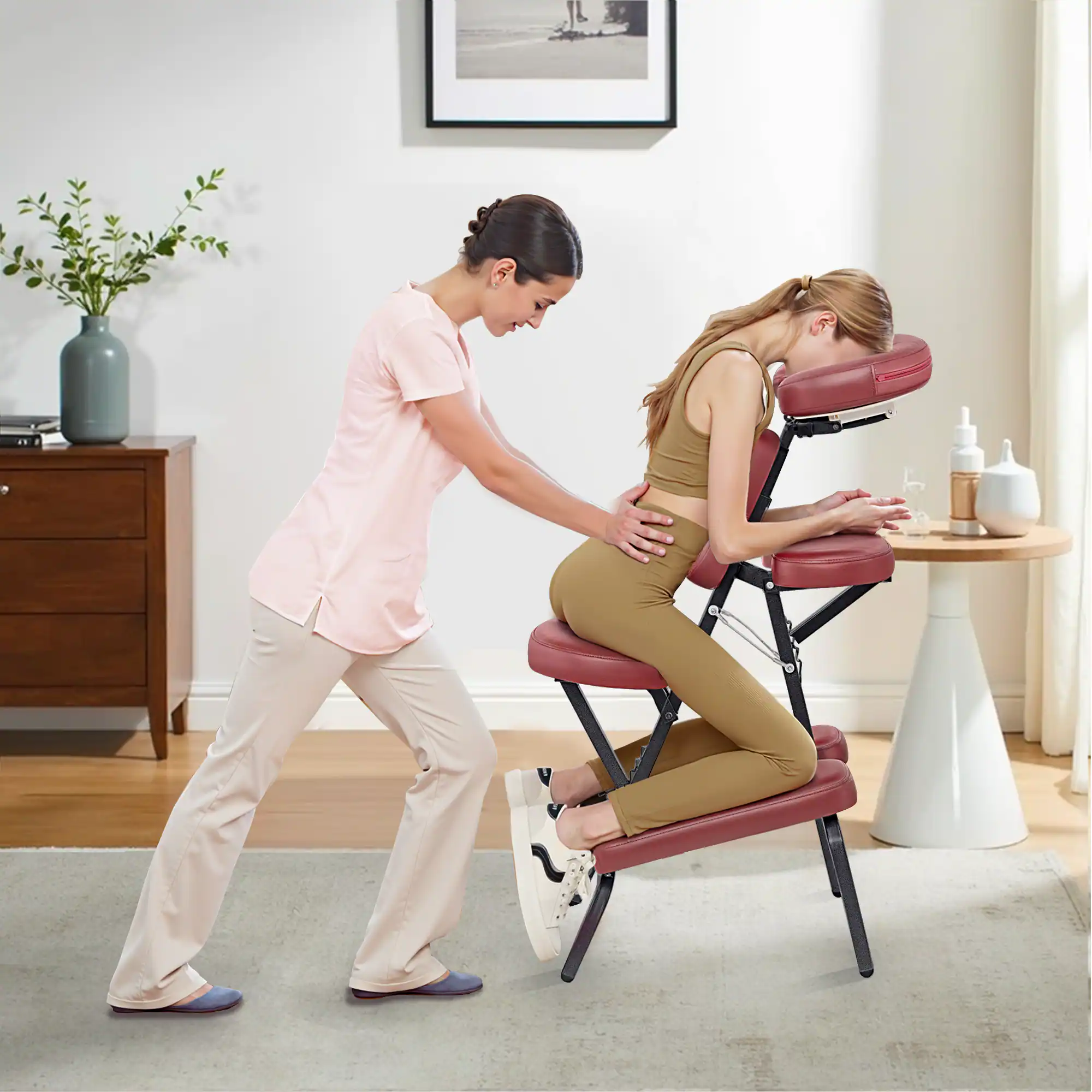Front. KERDOM - Ergonomic Folding Spa Chair with Carry Bag, Easy to Transport & Adjust, Cushioned PU leather Waterproof, 300lbs Capacity - Burgundy Red.
