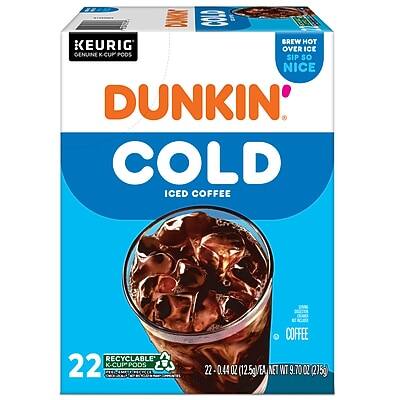 Dunkin' Cold Iced Coffee  
Brew Hot or Over Ice  
Genuine K-Cup Pods  
Sip So Nice  
22 Recyclable K-Cup Pods  
22 - 0.44 oz (12.5g) each  
Net Wt 9.70 oz (275g)