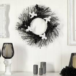BreeBe - 22" Halloween Ghost and Bats Twig Wreath - Green