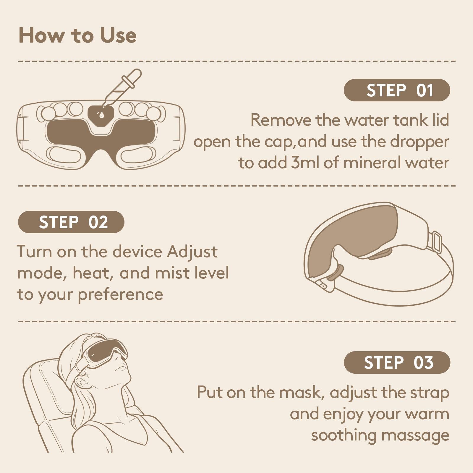 How to Use

STEP 01
Remove the water tank lid, open the cap, and use the dropper to add 3ml of mineral water

STEP 02
Turn on the device. Adjust mode, heat, and mist level to your preference

STEP 03
Put on the mask, adjust the strap and enjoy your warm soothing massage