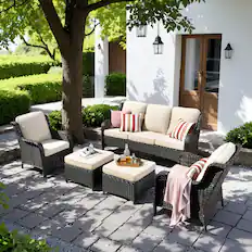 Front. Ovios - 5 PCS Patio Furniture Sectional Sofa All Weather Wicker High Back Conversation Set with Ottoman - Beige.