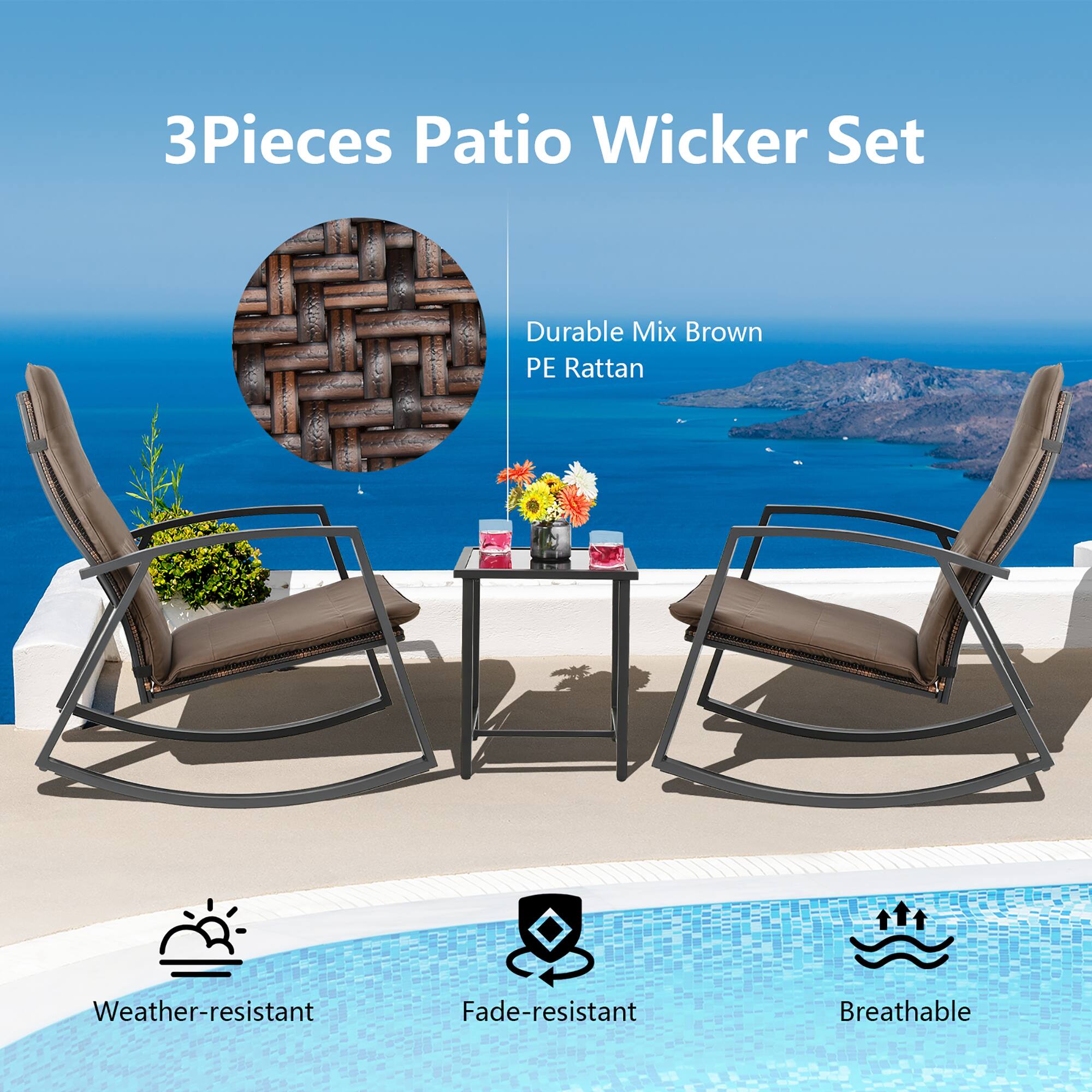 3Pieces Patio Wicker Set, Durable Mix Brown PE Rattan, Weather-resistant, Fade-resistant, Breathable