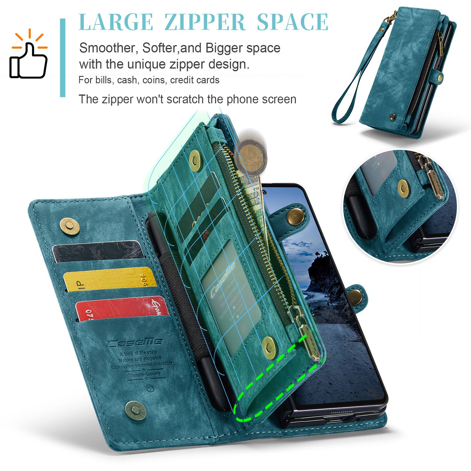 LARGE ZIPPER SPACE  
Smoother, Softer, and Bigger space with the unique zipper design.  
For bills, cash, coins, credit cards  
The zipper won't scratch the phone screen