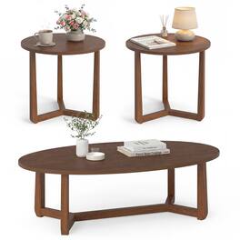 Costway - Nesting Coffee Table Set of 3 Oval Accent Table & Round Sofa Side Table - Walnut