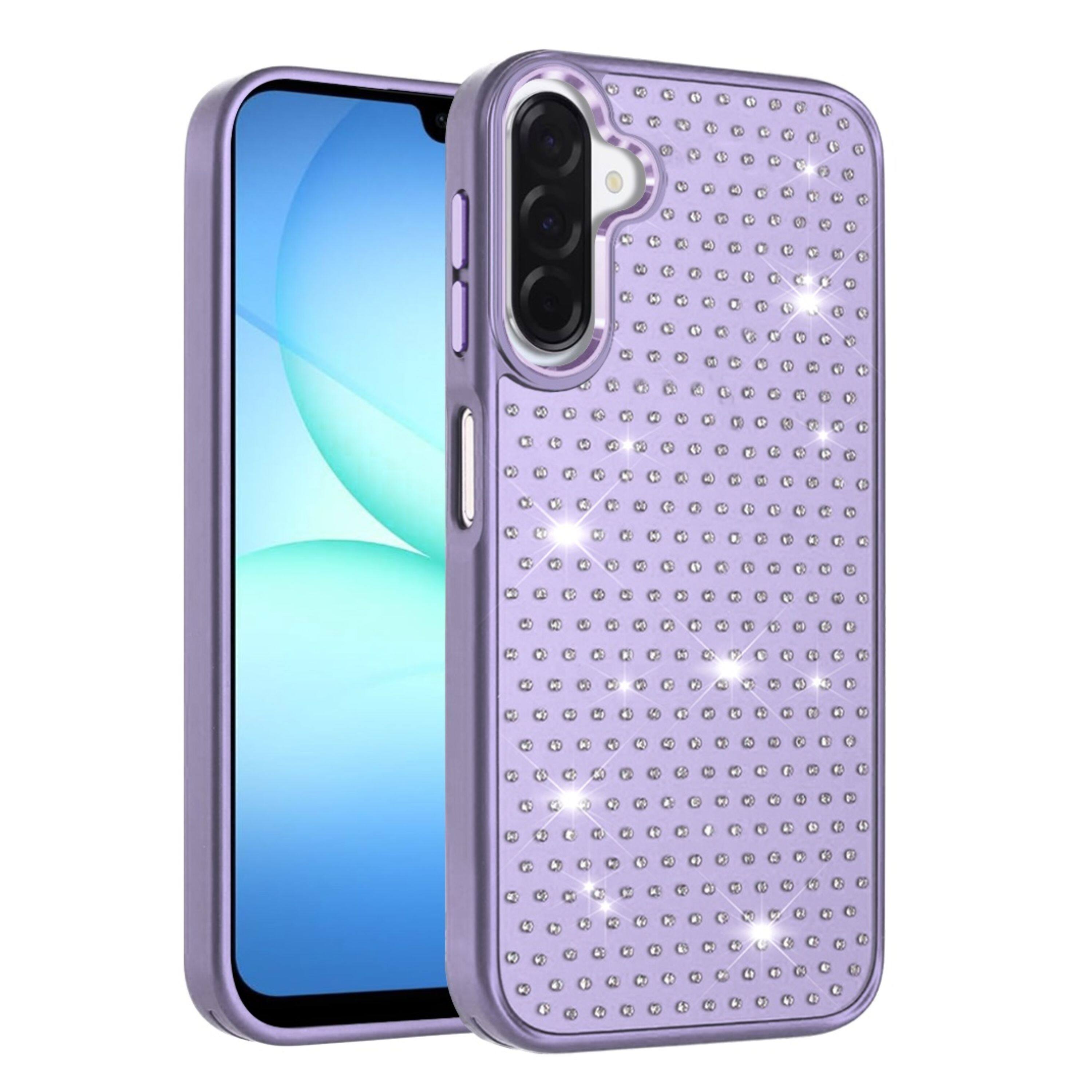 Left. Kitcheniva - Rhinestone Faux Crystals Chrome Plated Phone Case With Tempered Glass For Samsung Galaxy A17 5G Purple - Purple.