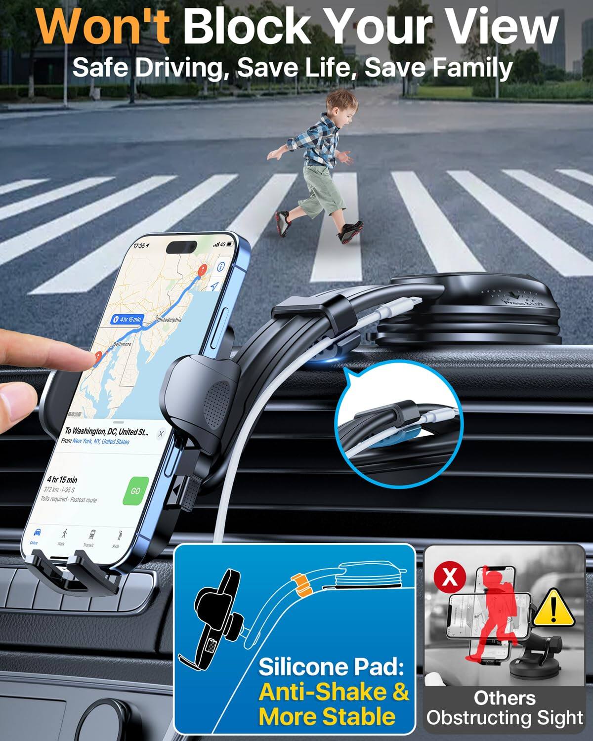 Won't Block Your View  
Safe Driving, Save Life, Save Family  

To Washington, DC, United States  
From New York, NY, United States  
4 hr 15 min  
372 km  
Tools required - Fastest route  

Silicone Pad: Anti-Shake & More Stable  

Others Obstructing Sight