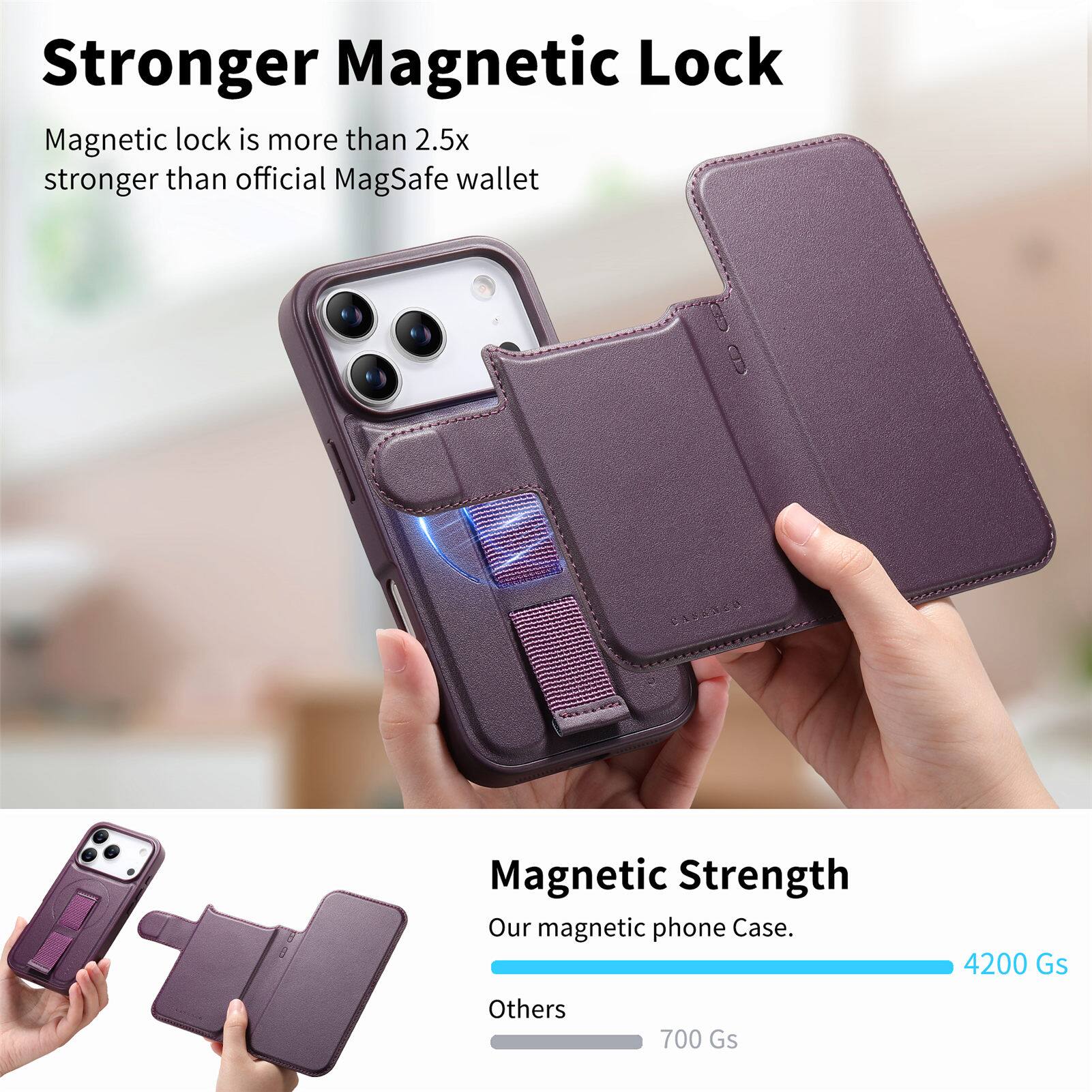 Stronger Magnetic Lock

Magnetic lock is more than 2.5x stronger than official MagSafe wallet

Magnetic Strength
Our magnetic phone Case. 4200 Gs
Others 700 Gs