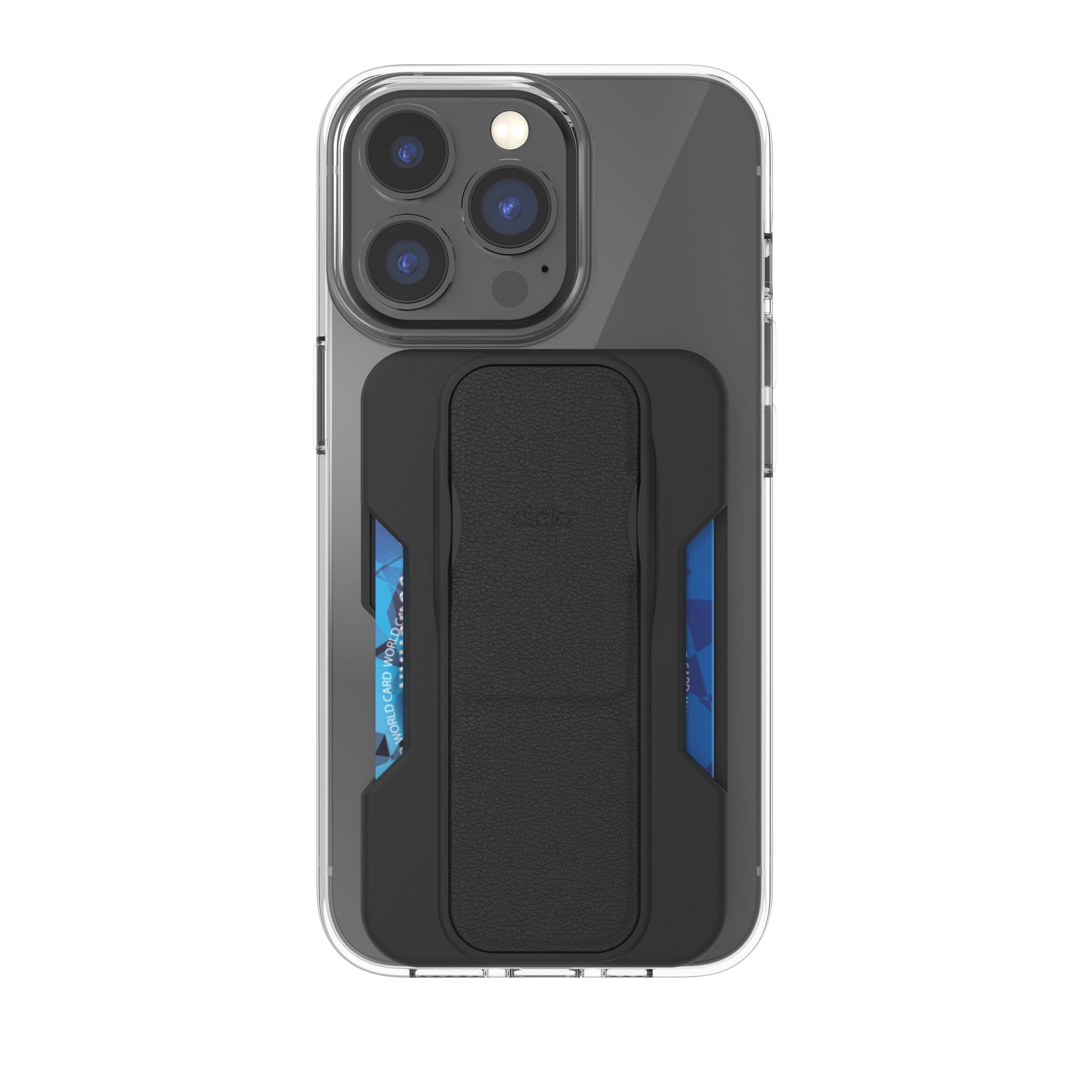 Front. CLCKR - Phone Grip and Stand Wallet for MagSafe Compatible Phones - Black.
