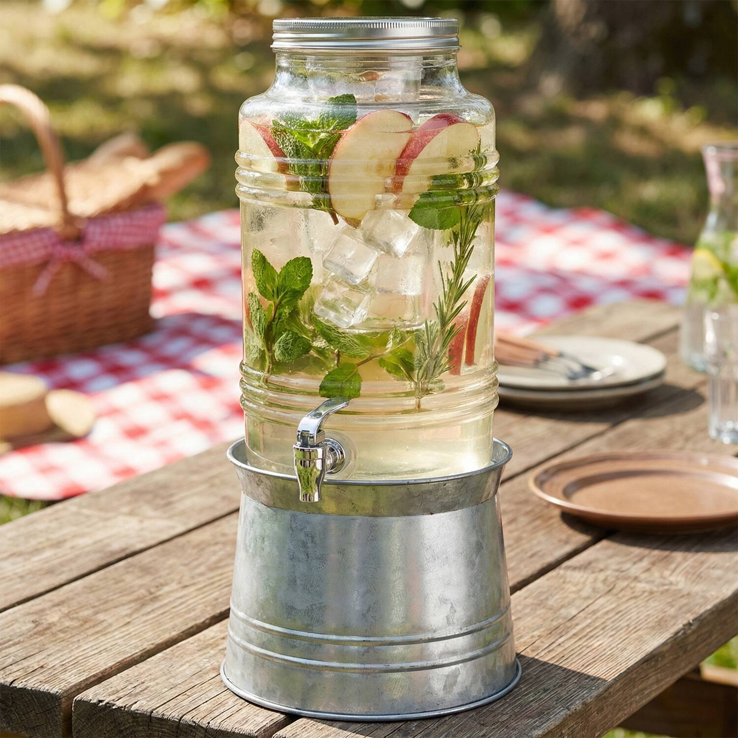 Left. Style Setter - Bungalow 2.4 Gallon Glass Beverage Dispenser with Fruit Infuser and Galvanized Metal Base - Clear.