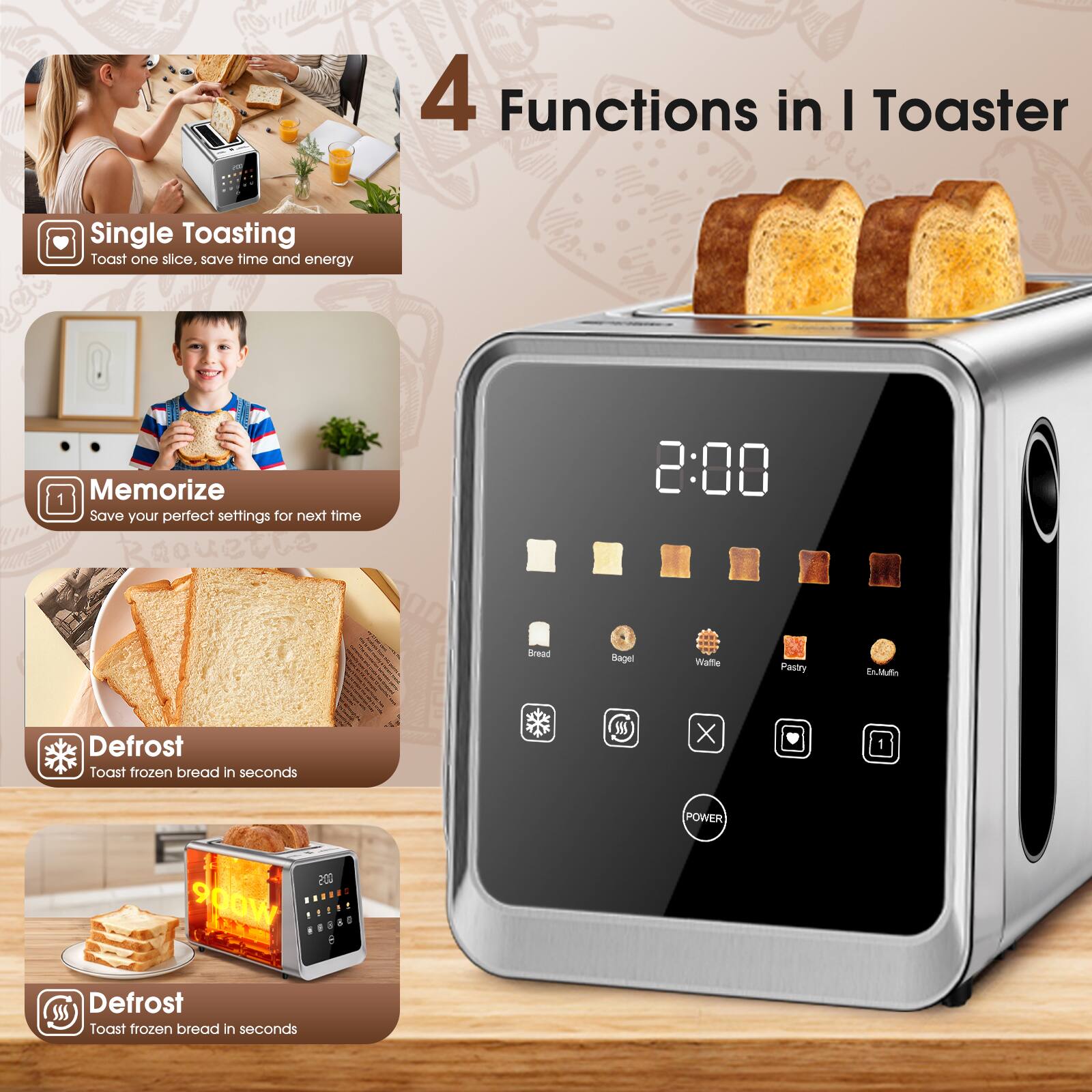 4 Functions in I Toaster

1. Single Toasting
   - Toast one slice, save time and energy

2. Memorize
   - Save your perfect settings for next time

3. Defrost
   - Toast frozen bread in seconds

4. Defrost
   - Toast frozen bread in seconds