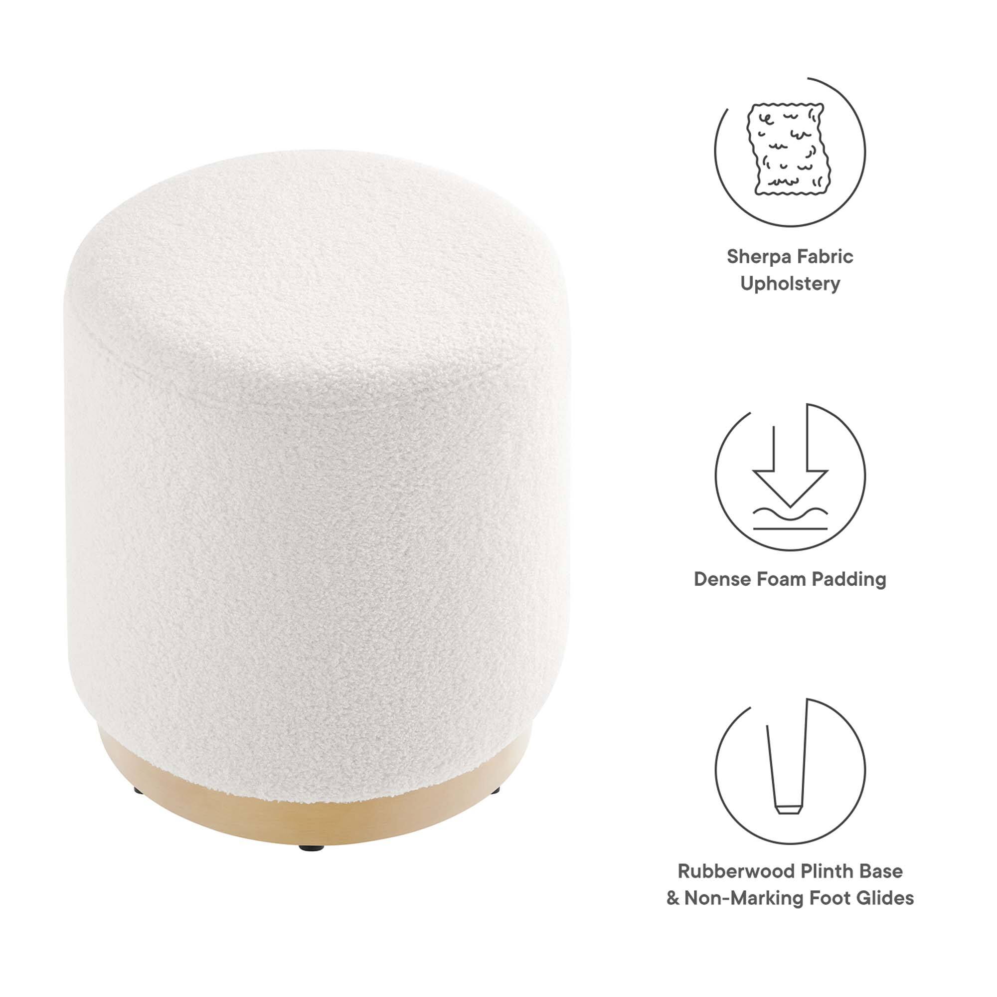Sherpa Fabric Upholstery  
Dense Foam Padding  
Rubberwood Plinth Base & Non-Marking Foot Glides