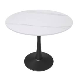 LeisureMod - Bristol Contemporary 35" Round Glossy Dining Table - Minimalist Pedestal Wood & Metal Kitchen Table - Stone - White