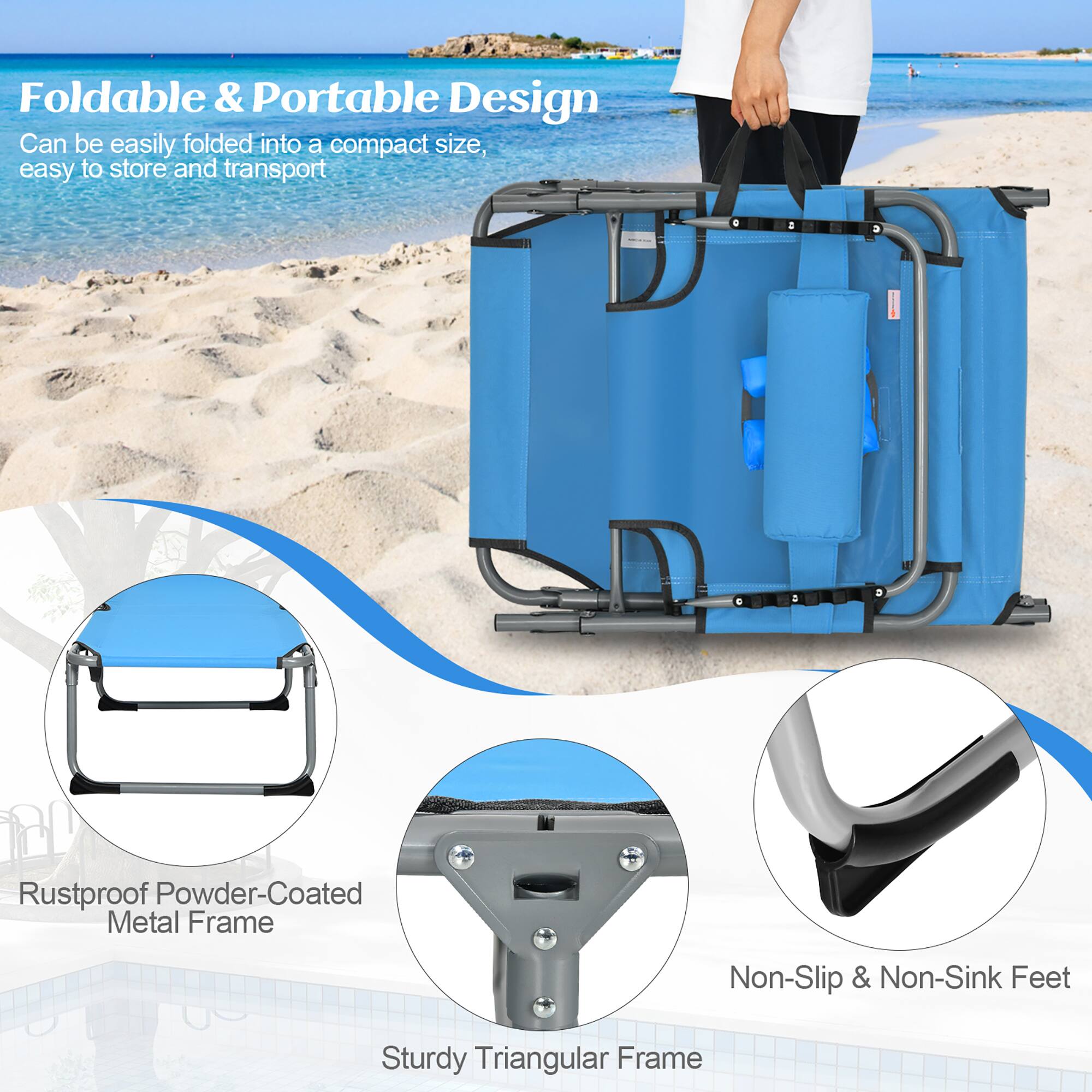 Foldable & Portable Design

Can be easily folded into a compact size, easy to store and transport

Rustproof Powder-Coated Metal Frame

Non-Slip & Non-Sink Feet

Sturdy Triangular Frame