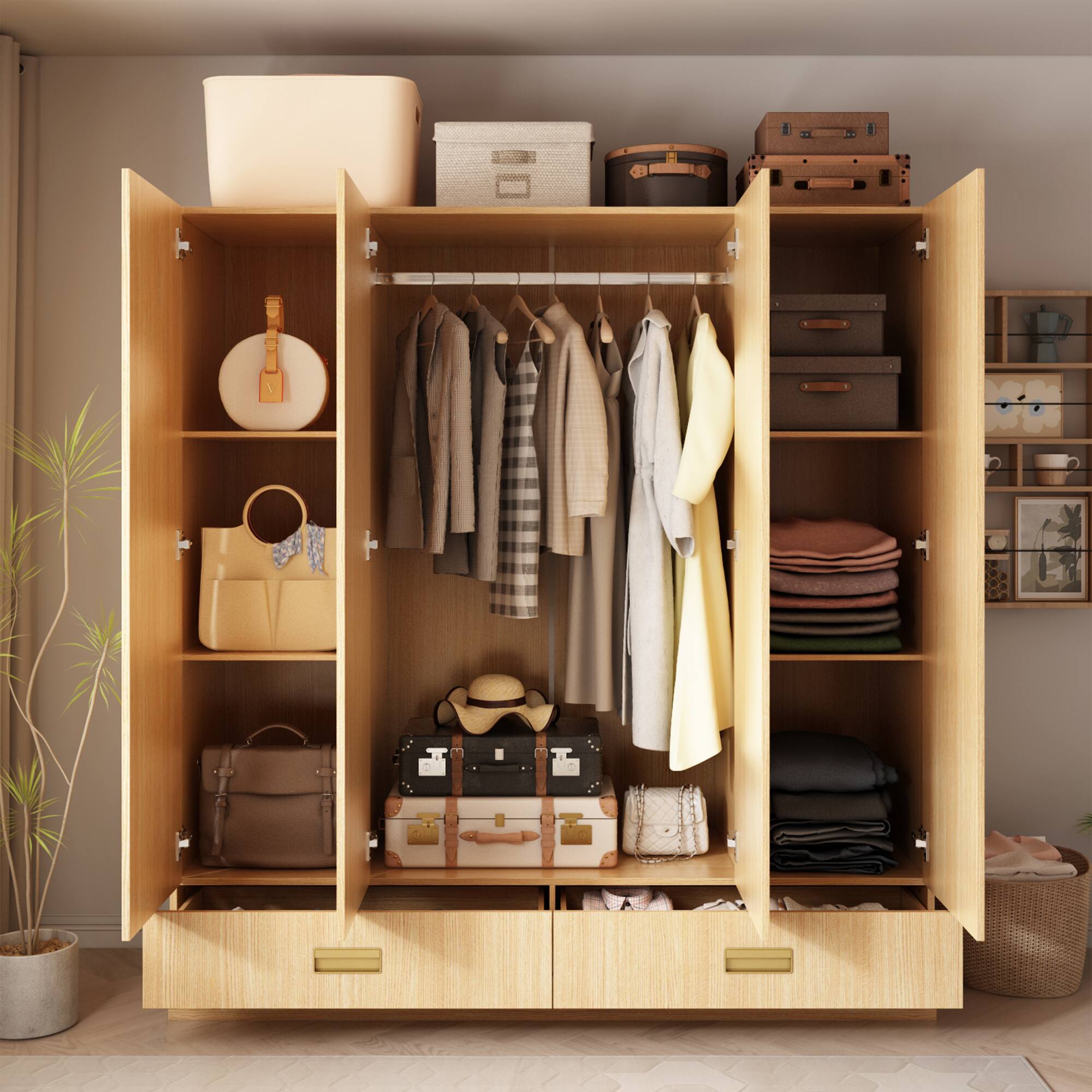 Back. FUFU&GAGA - Wood Grain Wardrobe Closet with 4 Doors and 2 Drawers Large Armoire Storage Cabinet Organizer for Bedroom - Wooden.