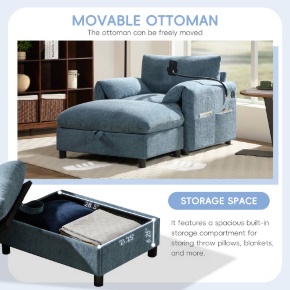 MOVABLE OTTOMAN  
The ottoman can be freely moved  

STORAGE SPACE  
28.5" x 21.25" x 6.25"  
It features a spacious built-in storage compartment for storing throw pillows, blankets, and more.