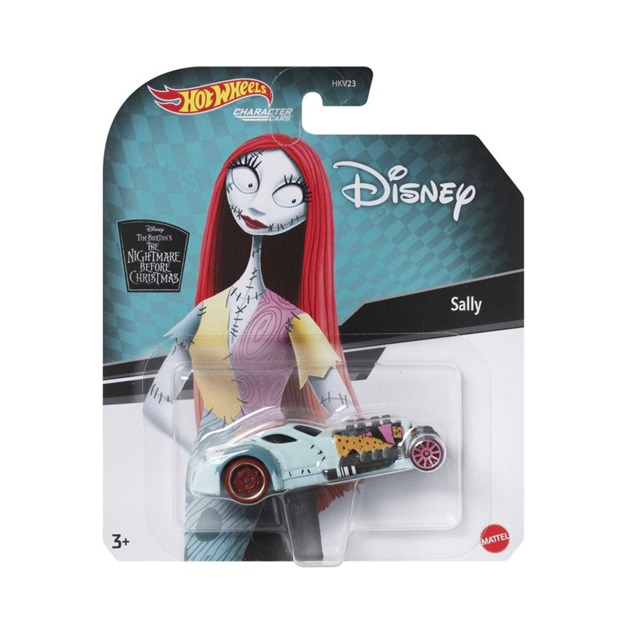 Sure, here is the corrected and grouped text from the image:

- Hot Wheels
- CHARACTER CARS
- Disney
- Tim Burton's THE NIGHTMARE BEFORE CHRISTMAS
- Sally
- 3+
- MATTEL
- HKV23