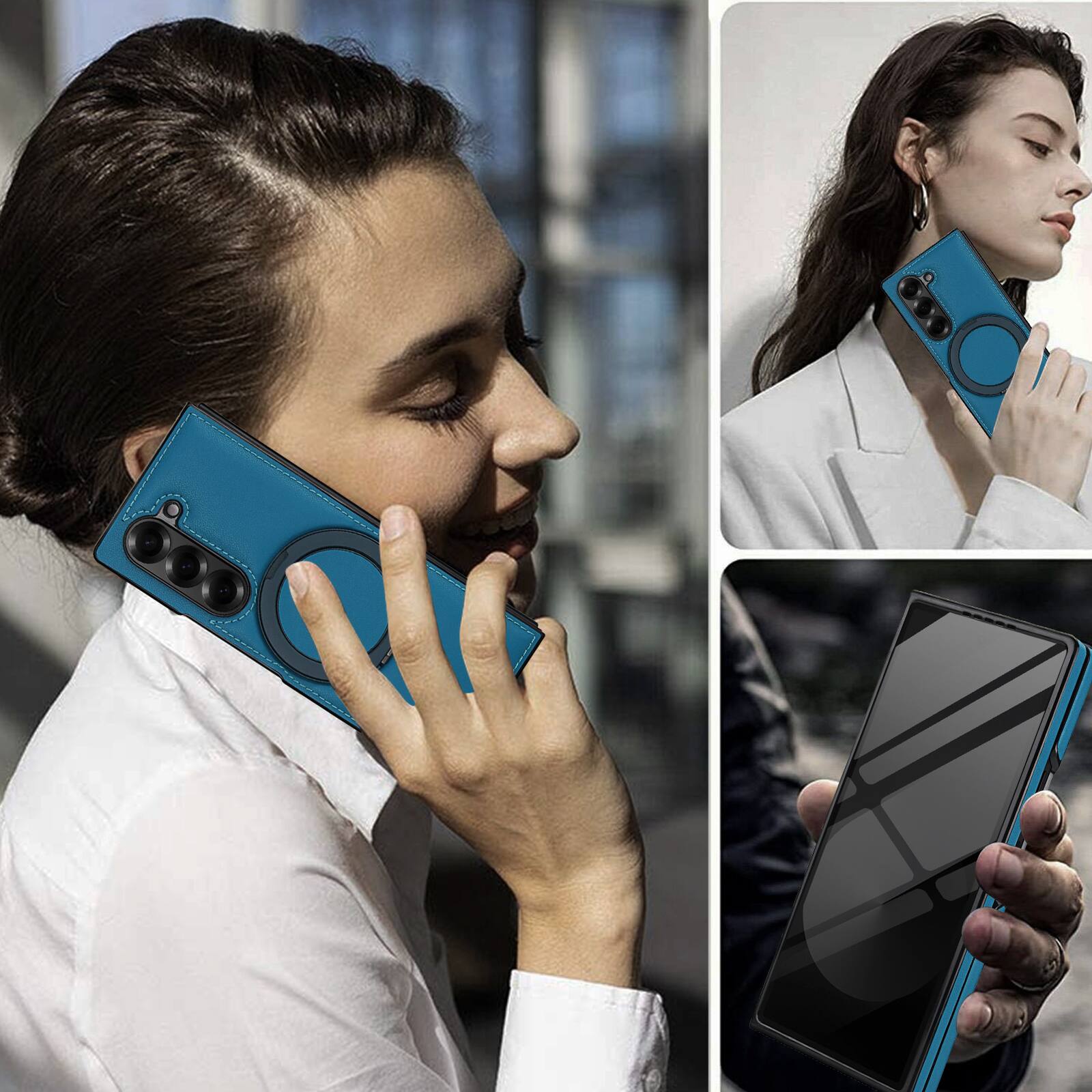 Alt View 4. Dteck - Magnetic Case for Samsung Galaxy Z Fold6 with Ring Kickstand,Built-in Screen Protector,Faux Leather Shockproof Cover - Blue.